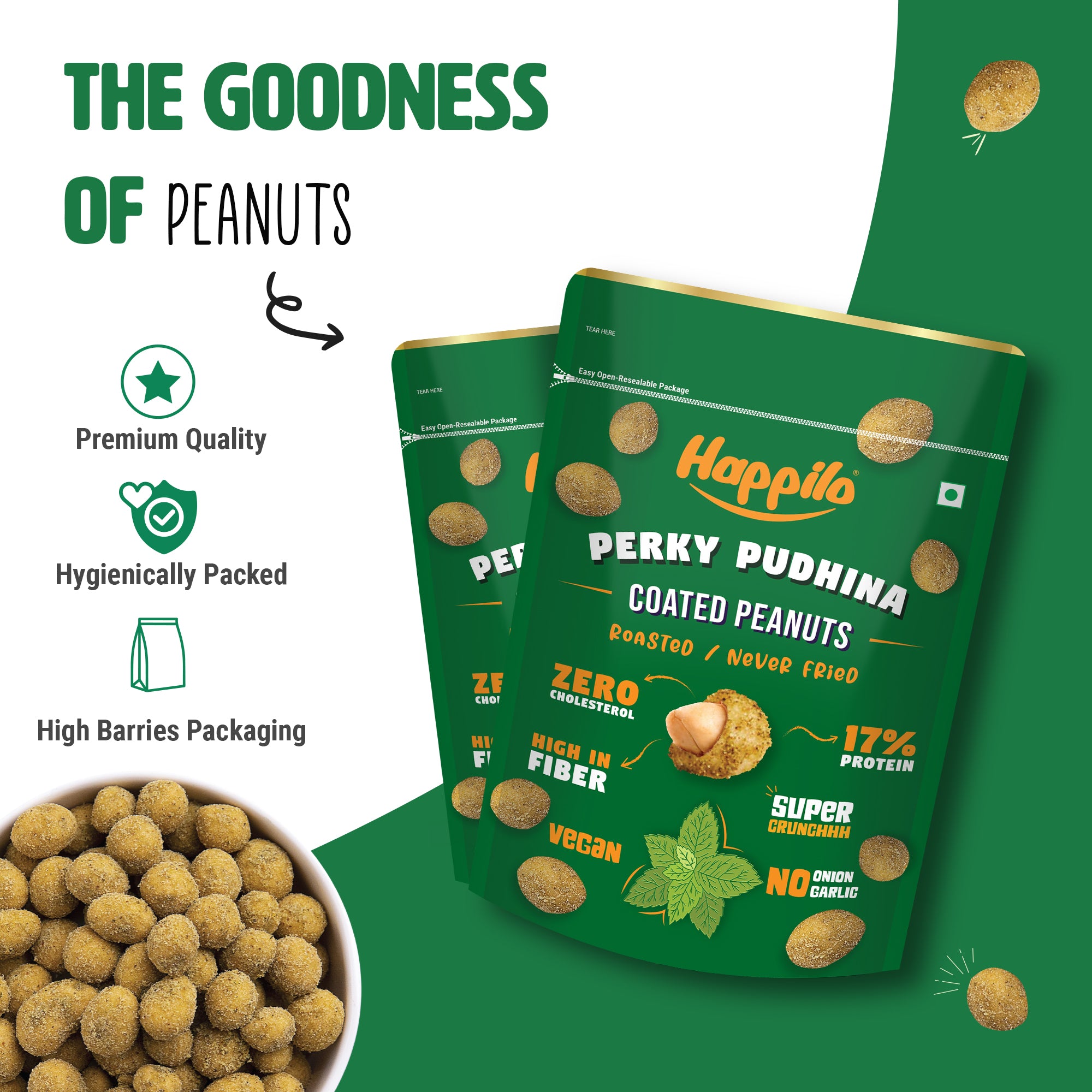 Happilo Peanut Super Combo Snack 150g each, Perky Pudhina Peanut, Magic Masala Peanut, Peri Peri Peanut