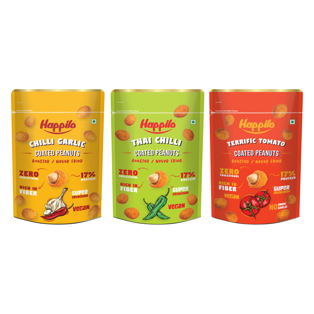 Happilo Peanut Power Combo Snack 150g each Chili Garlic Peanut, Thai Chili Peanut, Terrific Tomato Peanut