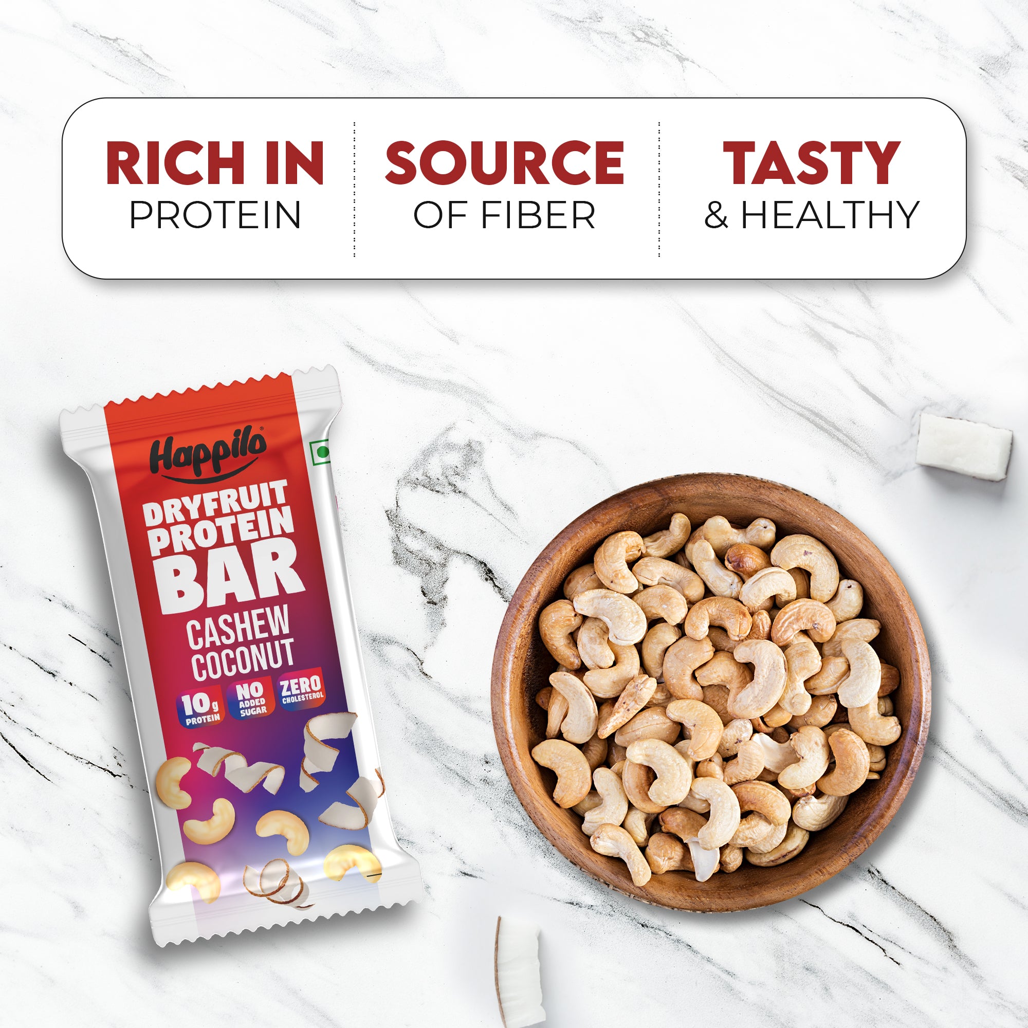 Happilo Dry Fruit Cashew Coconut Protein Bar 45g (Pack of 6)