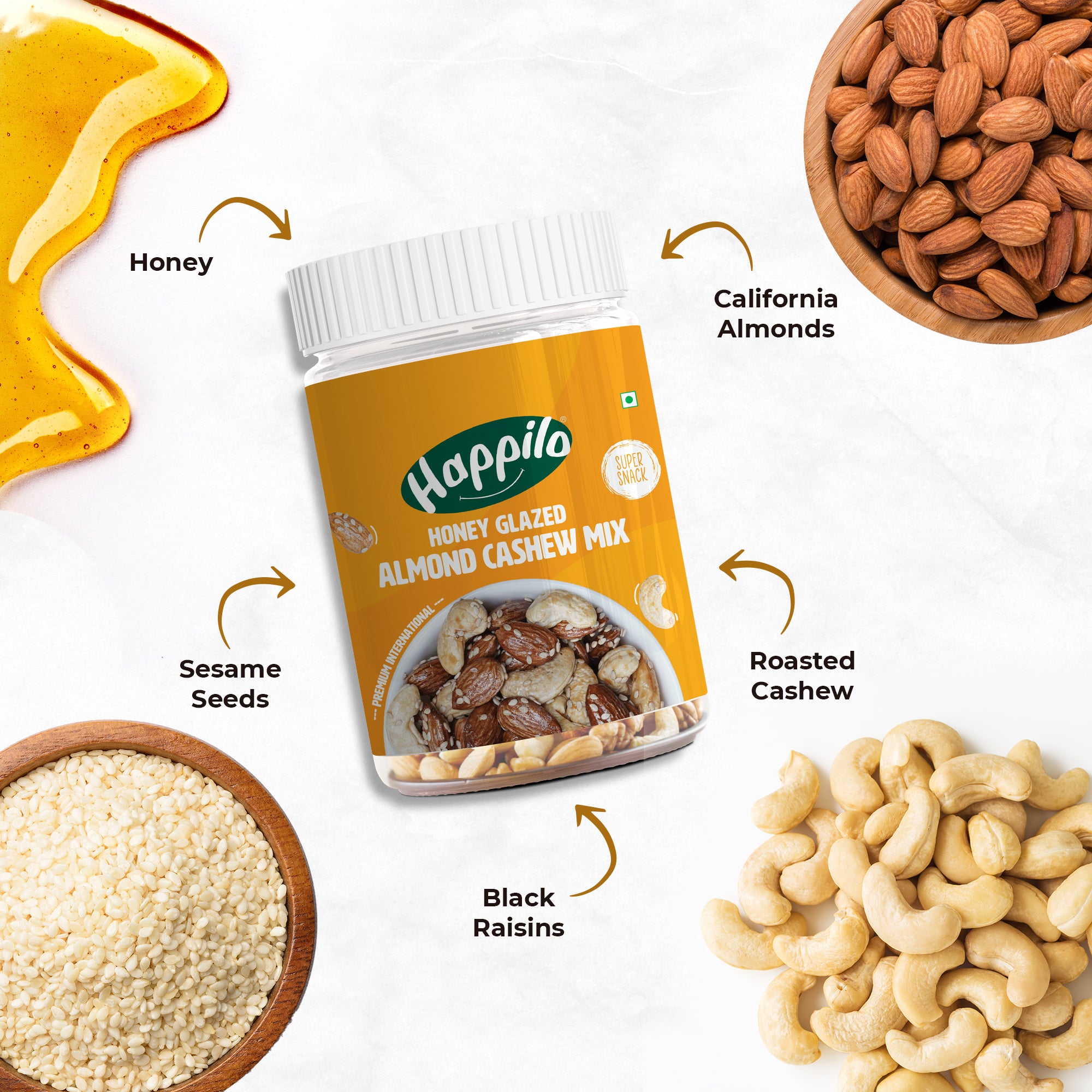 Happilo Premium International Honey glazed Almond Cashew Mix with Sesame 200g