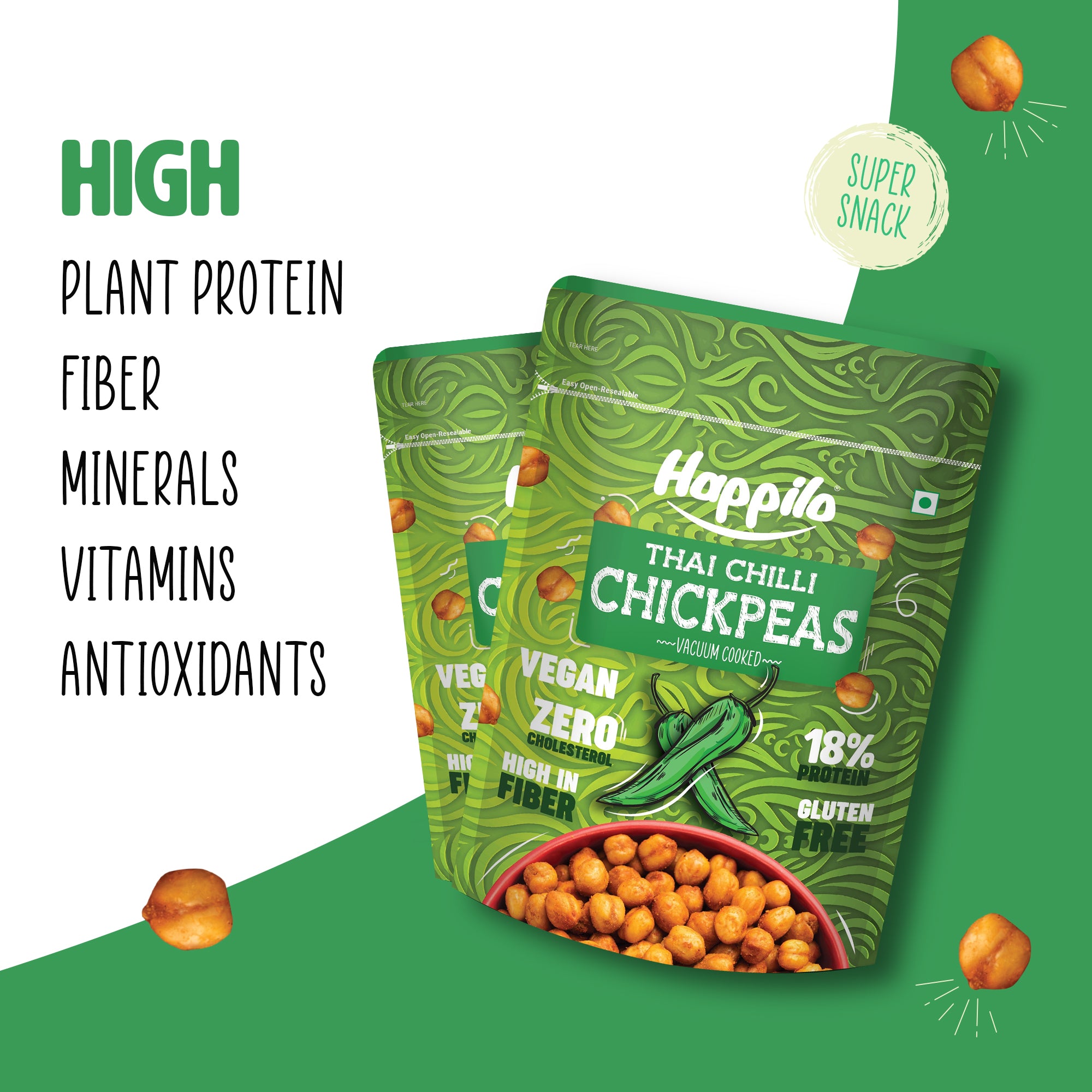 Happilo Chickpeas Power Combo Snack 110g each, Chili Garlic Chickpeas, Thai Chili Chickpeas, Himalayan Salt & Pepper Chickpeas