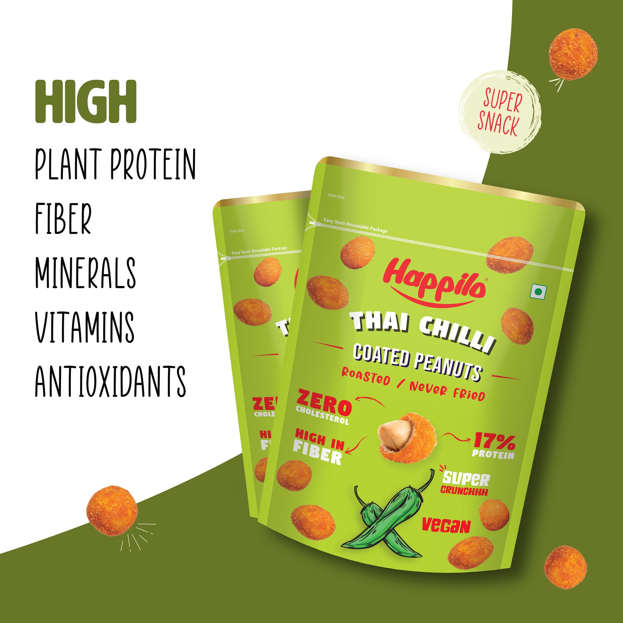 Happilo Peanut Power Combo Snack 150g each Chili Garlic Peanut, Thai Chili Peanut, Terrific Tomato Peanut