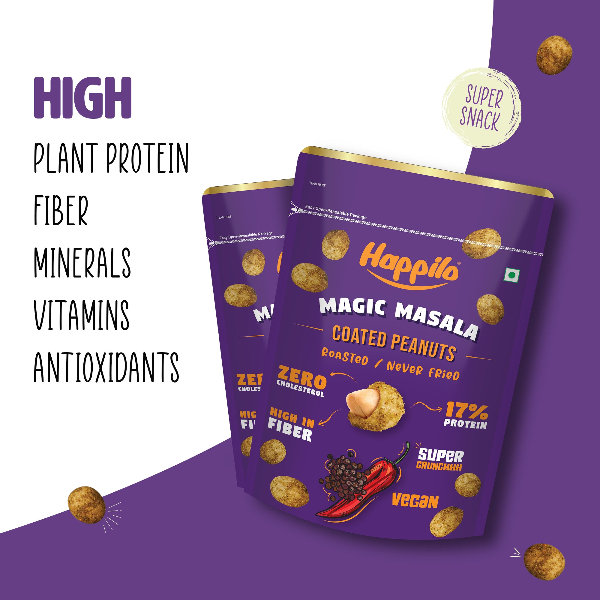 Happilo Peanut Super Combo Snack 150g each, Perky Pudhina Peanut, Magic Masala Peanut, Peri Peri Peanut