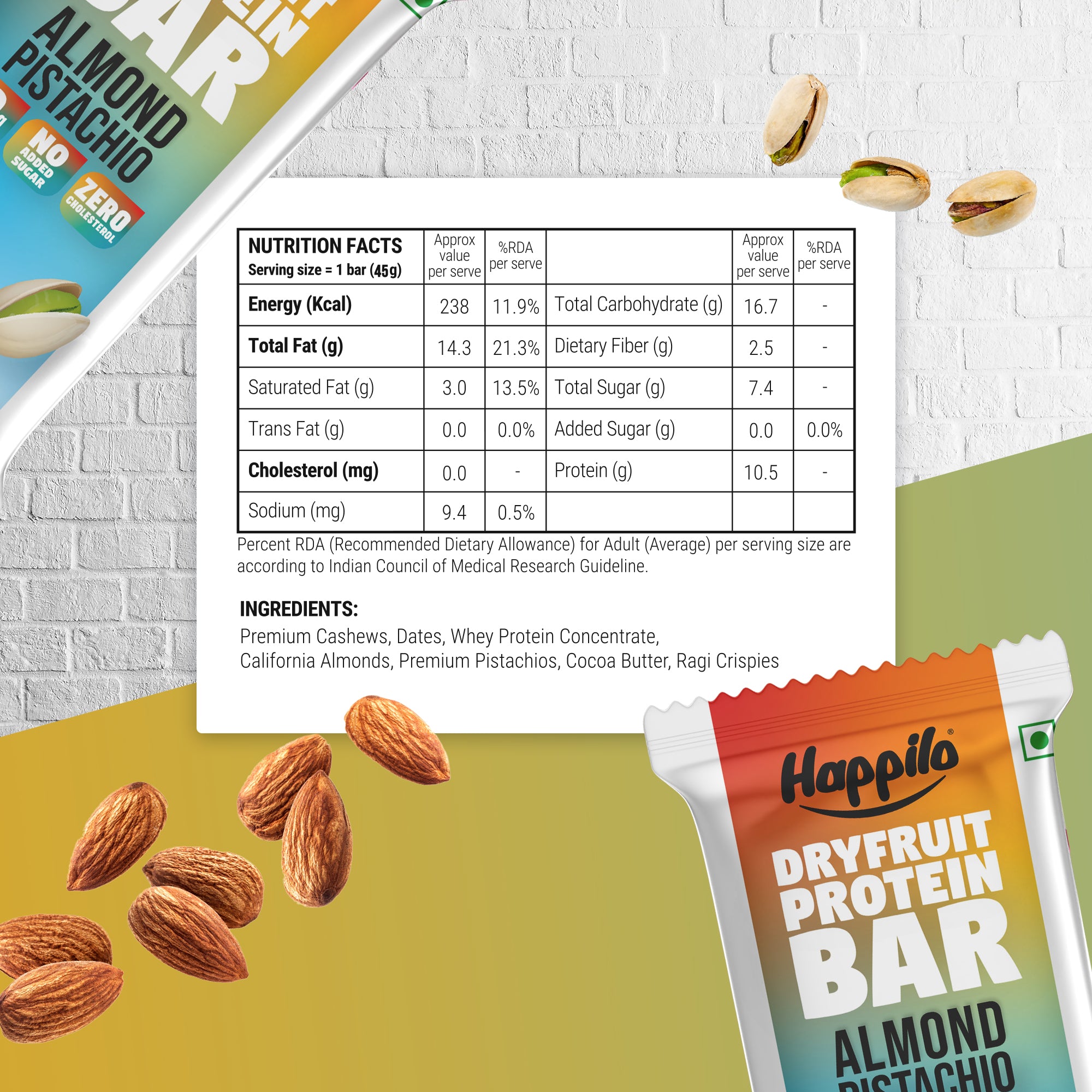 Happilo Dry Fruit Almond Pistachio Protein Bar 45g (Pack of 6)