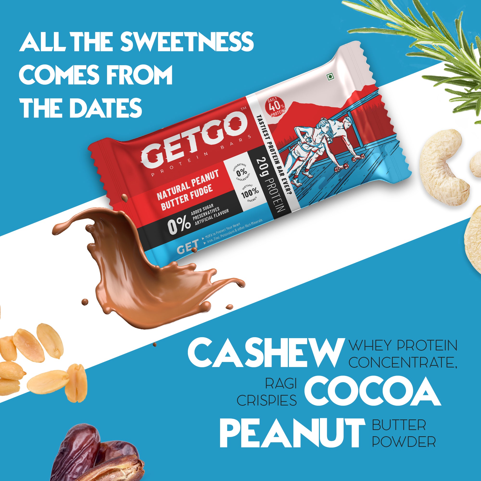GetGo Natural Peanut Butter Fudge Protein Bar 85g