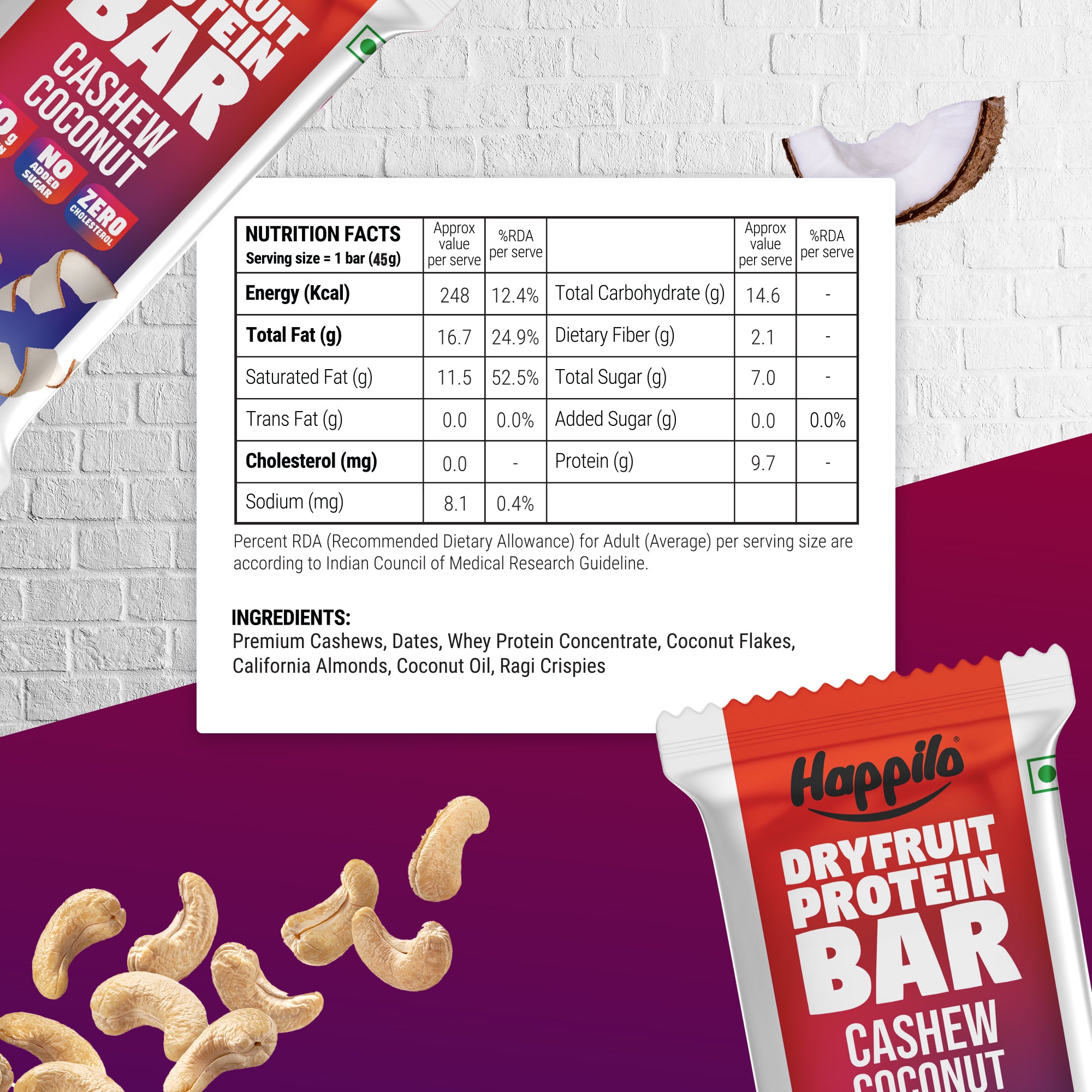 Happilo Dry Fruit Cashew Coconut Protein Bar 45g (Pack of 6)