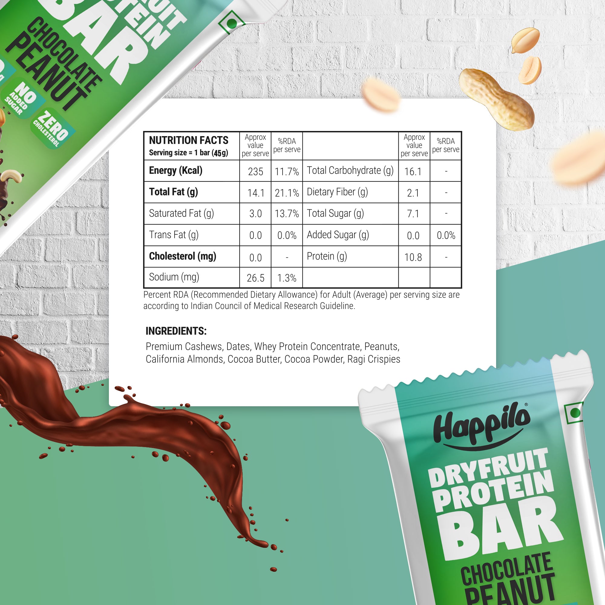 Happilo Dry Fruit Peanut Butter Chocolate Protein Bar 45g (Pack of 6)