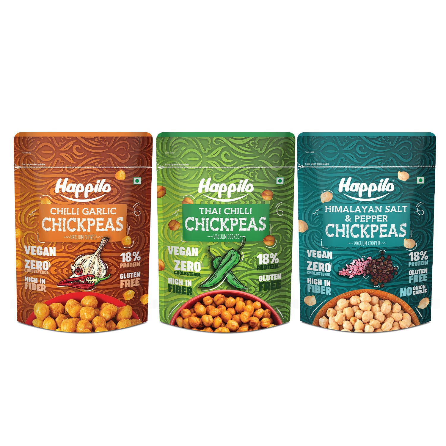 Happilo Chickpeas Power Combo Snack 110g each, Chili Garlic Chickpeas, Thai Chili Chickpeas, Himalayan Salt & Pepper Chickpeas