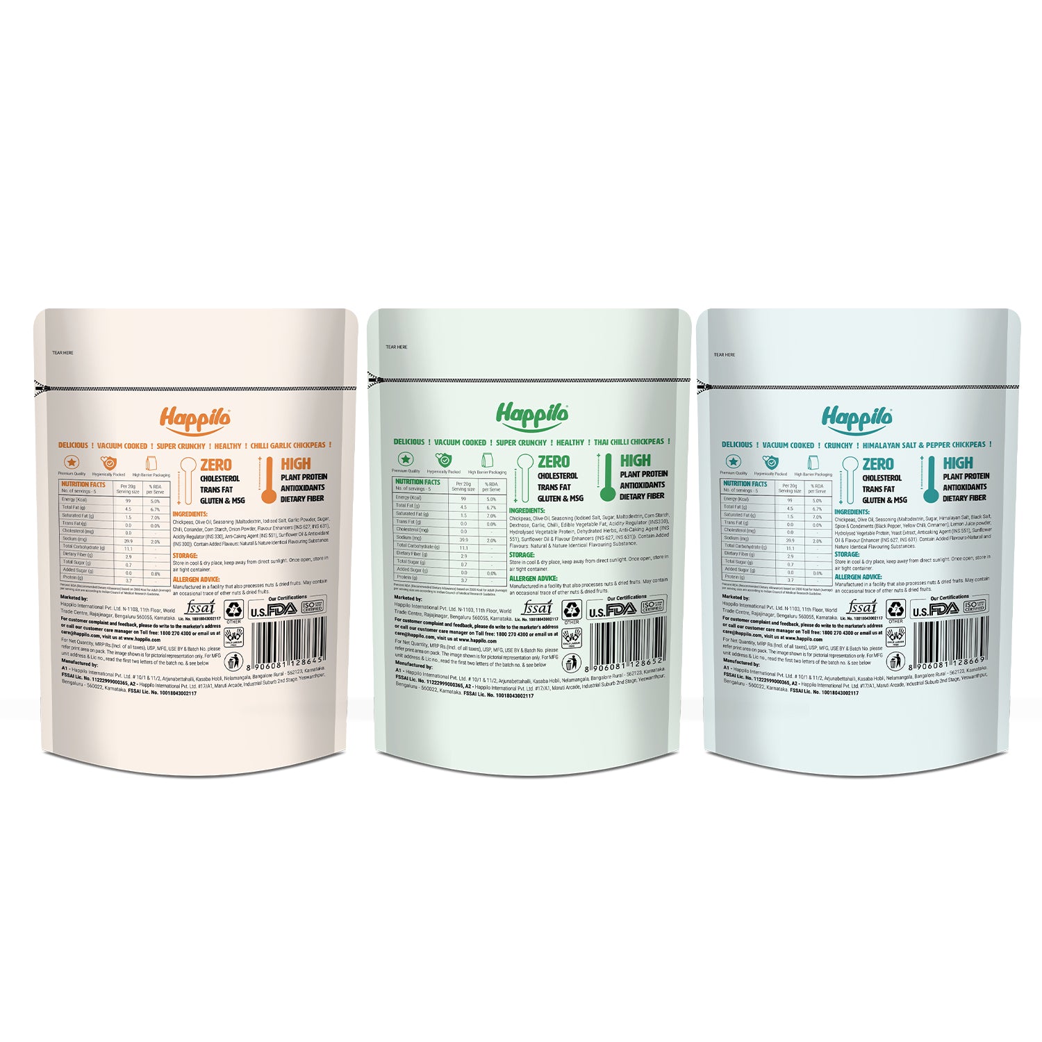 Happilo Chickpeas Power Combo Snack 110g each, Chili Garlic Chickpeas, Thai Chili Chickpeas, Himalayan Salt & Pepper Chickpeas