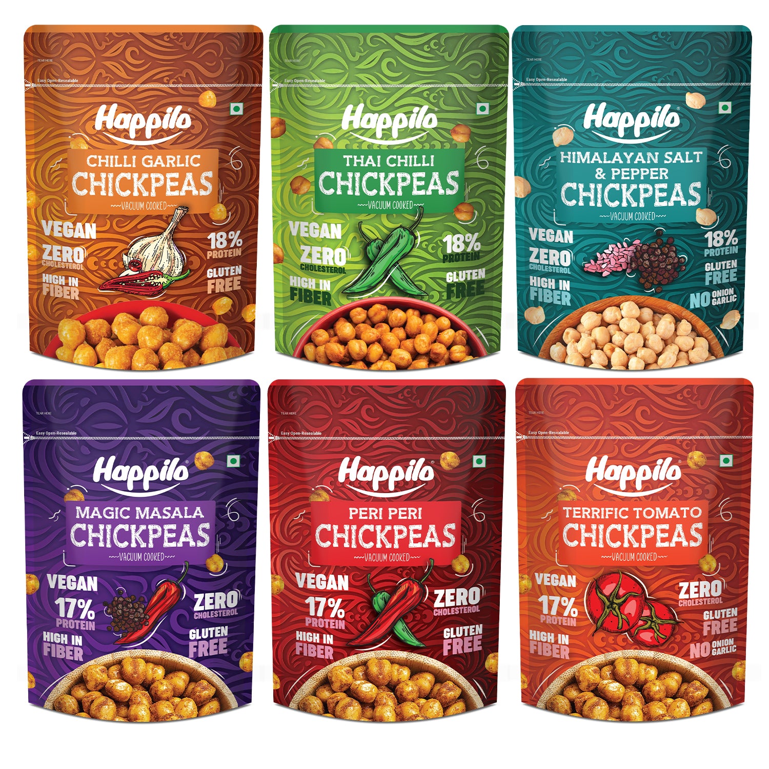 Happilo Chickpeas Jumbo Combo Snack 110g each, Magic Masala Chickpeas, Peri Peri Chickpeas, Terrific Tomato Chickpeas, Chili Garlic Chickpeas, Thai Chili Chickpeas, Himalayan Salt & Pepper Chickpeas