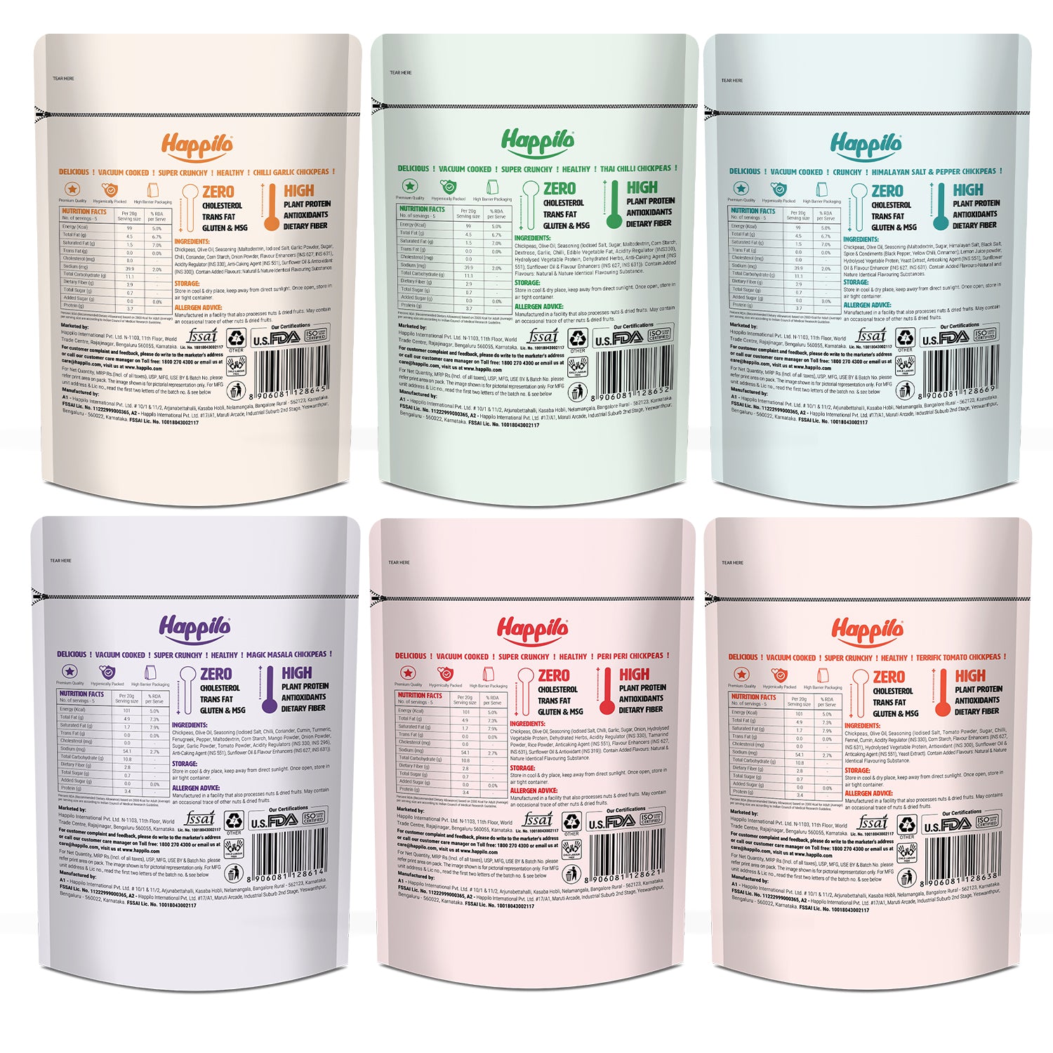 Happilo Chickpeas Jumbo Combo Snack 110g each, Magic Masala Chickpeas, Peri Peri Chickpeas, Terrific Tomato Chickpeas, Chili Garlic Chickpeas, Thai Chili Chickpeas, Himalayan Salt & Pepper Chickpeas
