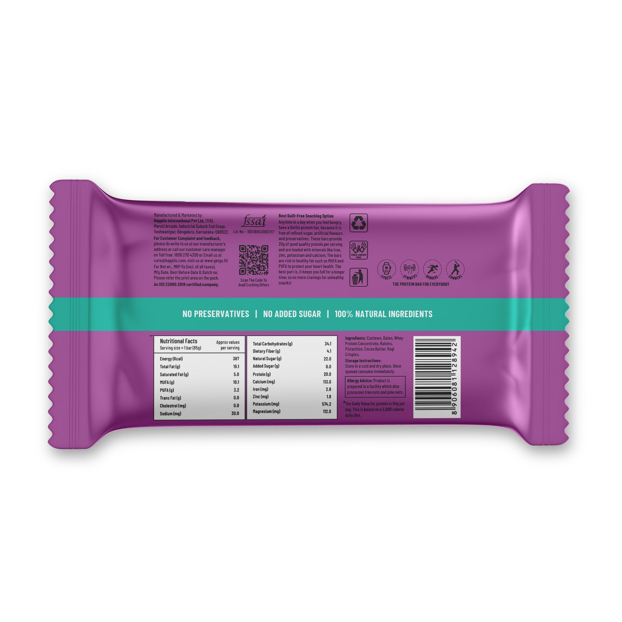 GetGo California Pistachio Fudge Protein Bar 85g