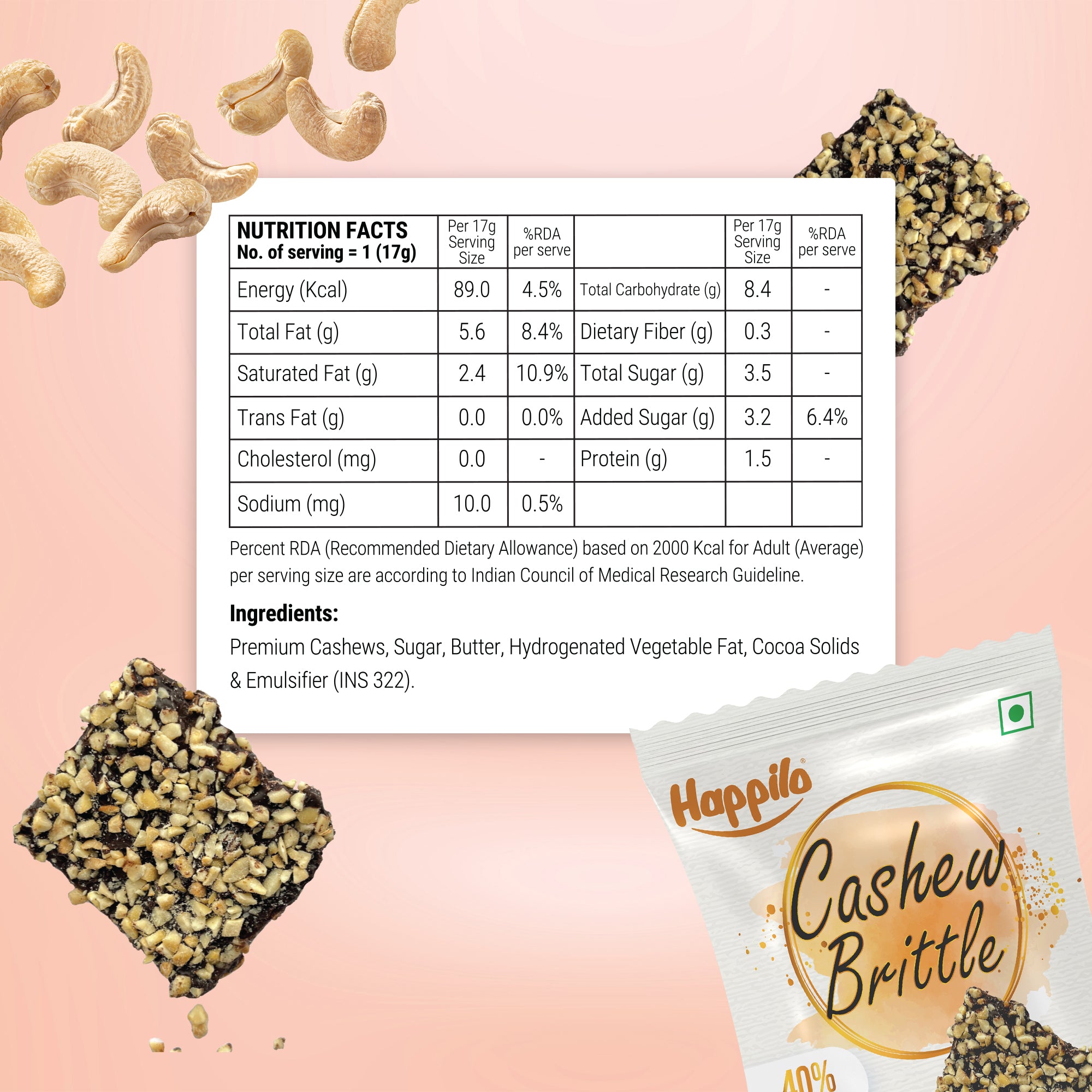 Happilo Premium Cashews Brittle Box 204g (17gX12)