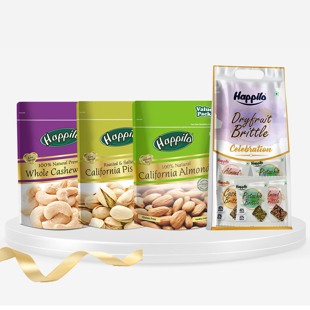 Nuts and Dry Fruit Brittle Combo 1704g (California Almonds, Whole Cashews, Roasted California Pistachios, Dry Fruit Brittle Celebrations Pack)