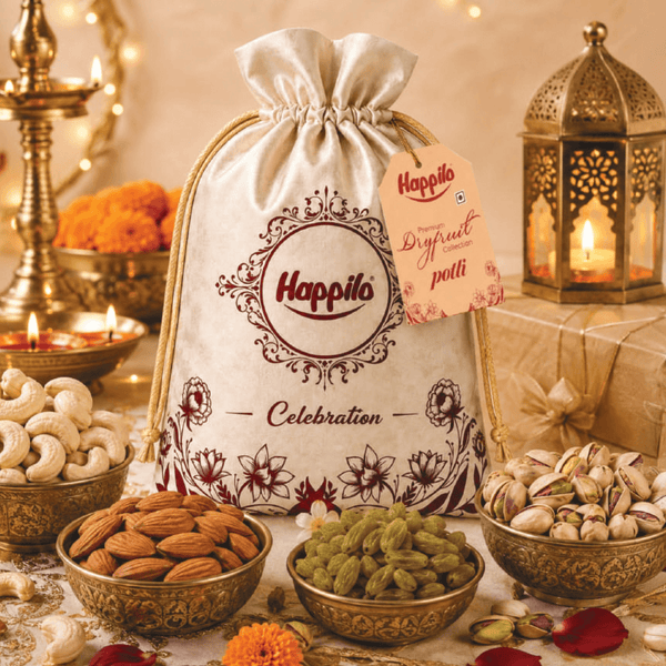Assortment of Happilo dry fruits hampers arranged with diyas and marigold flowers for Diwali gifting