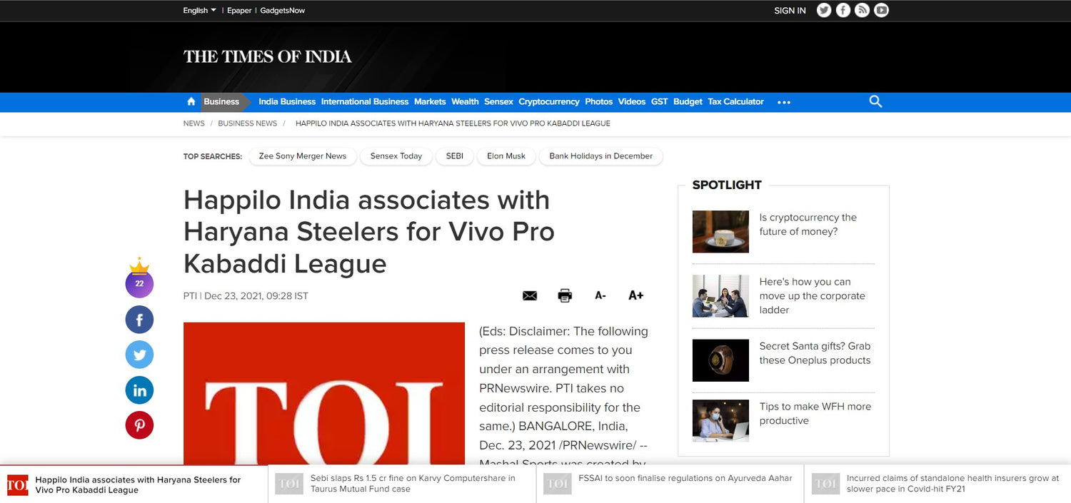Happilo India associates with Haryana Steelers for Vivo Pro