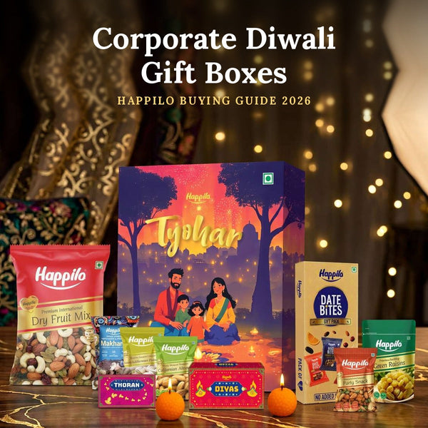 Happilo Tyohar festive box with dry fruits, a terracotta diya and a toran beside lit diyas, shown as one of the corporate Diwali gift boxes