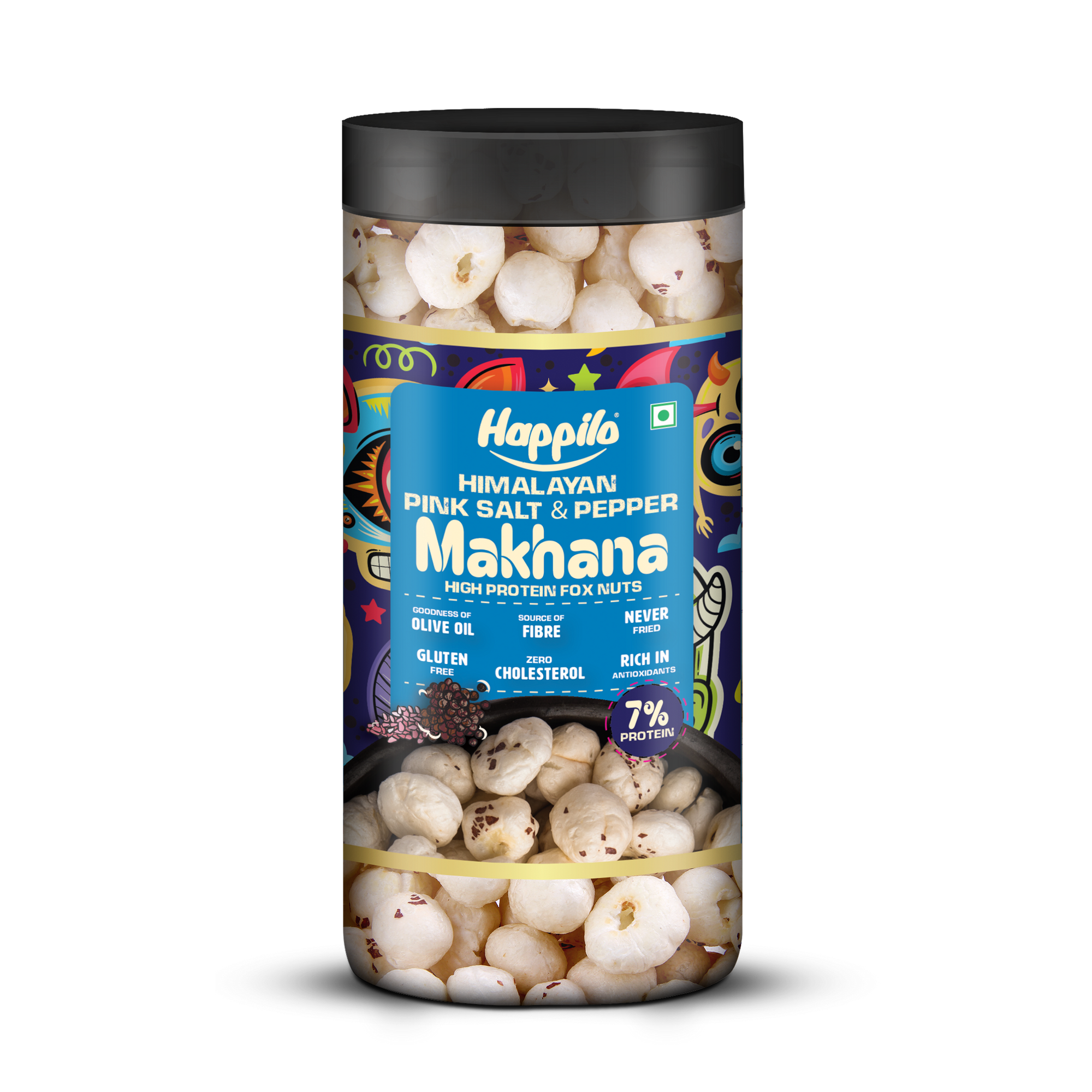 Happilo Makhana Himalayan Pink Salt & Pepper Jar 80g, Roasted Foxnut Healthy Snack Low Calorie Gluten Free and Vegan
