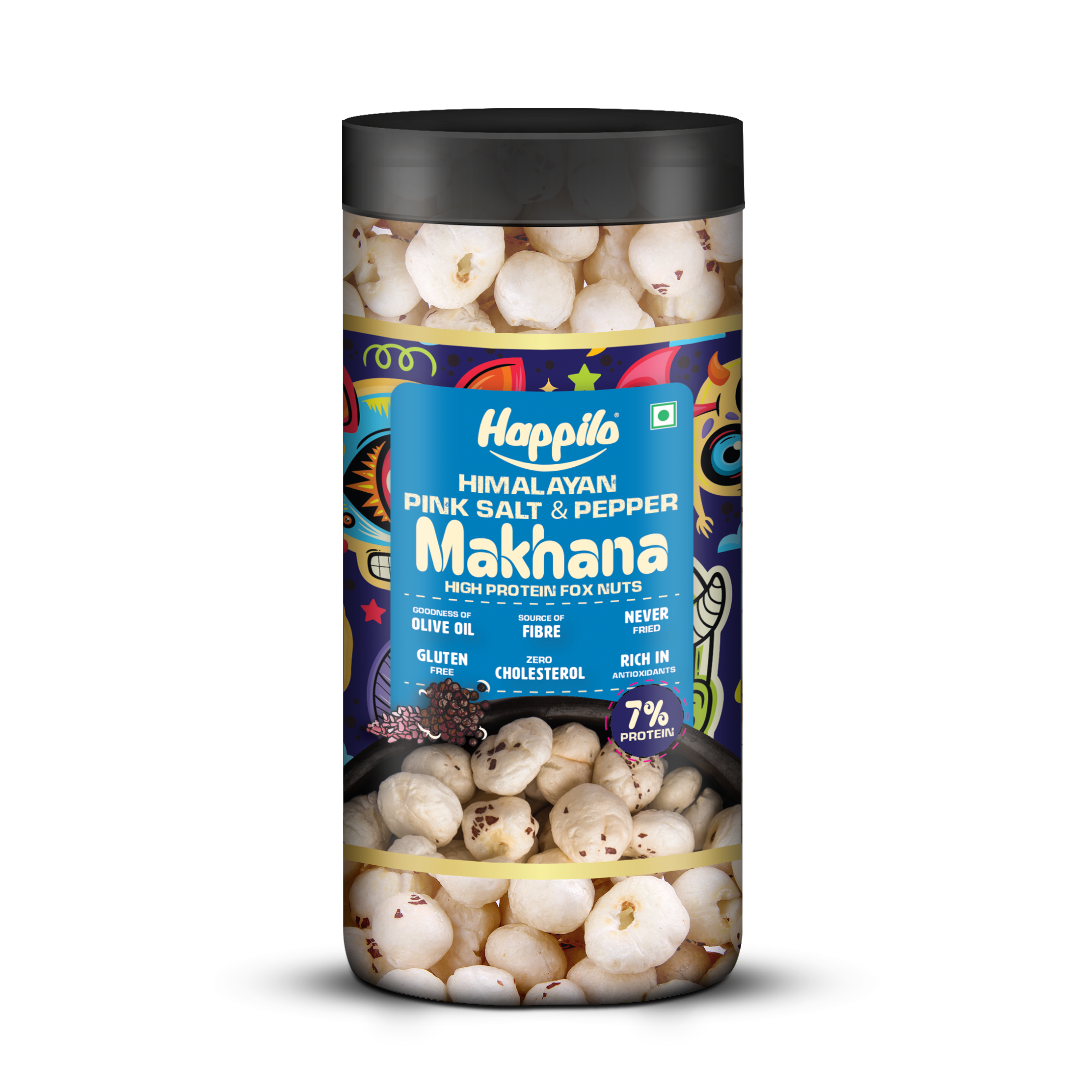 Happilo Makhana Himalayan Pink Salt & Pepper Jar 80g, Roasted Foxnut Healthy Snack Low Calorie Gluten Free and Vegan