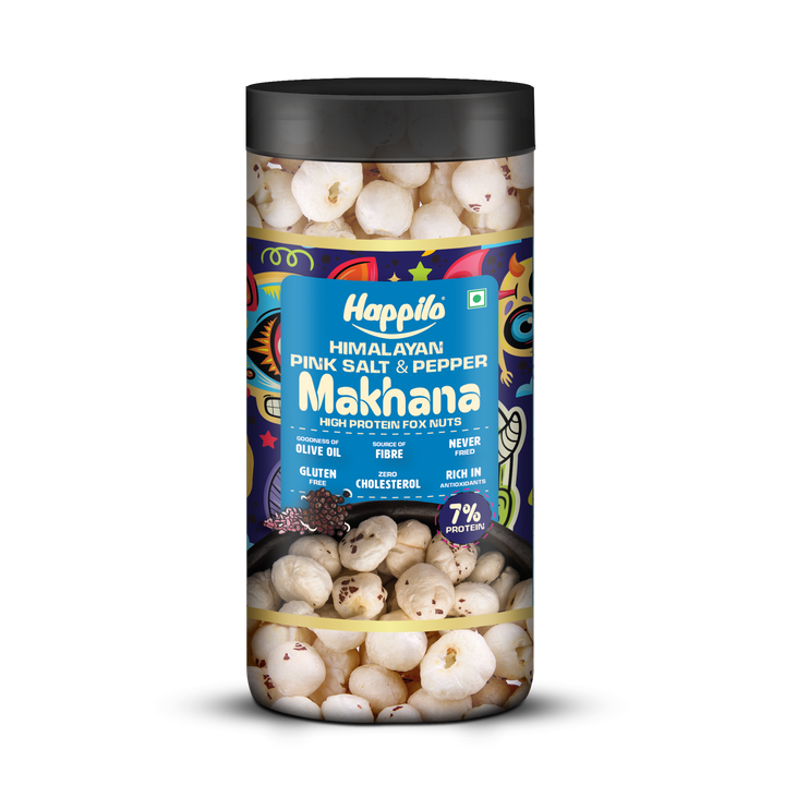 Happilo Makhana Himalayan Pink Salt & Pepper Jar 80g, Roasted Foxnut Healthy Snack Low Calorie Gluten Free and Vegan