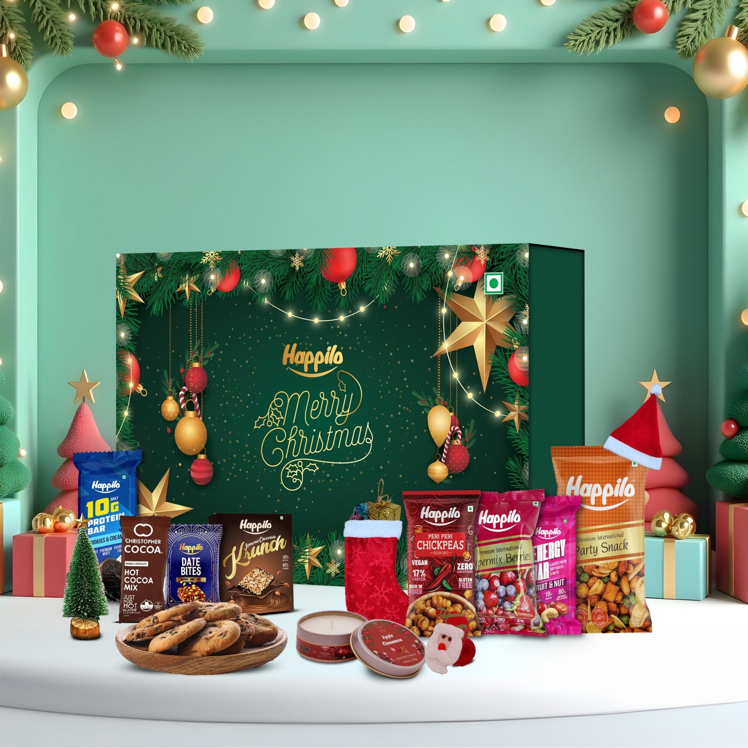 Happilo Christmas Gift Box Comet 350g, Festive Treats & Snacks, Tree, Stocking, Santa Hat, Candles, Party Snacks, Bar, Chickpeas, Date Bites, Hot Chocolate Mix