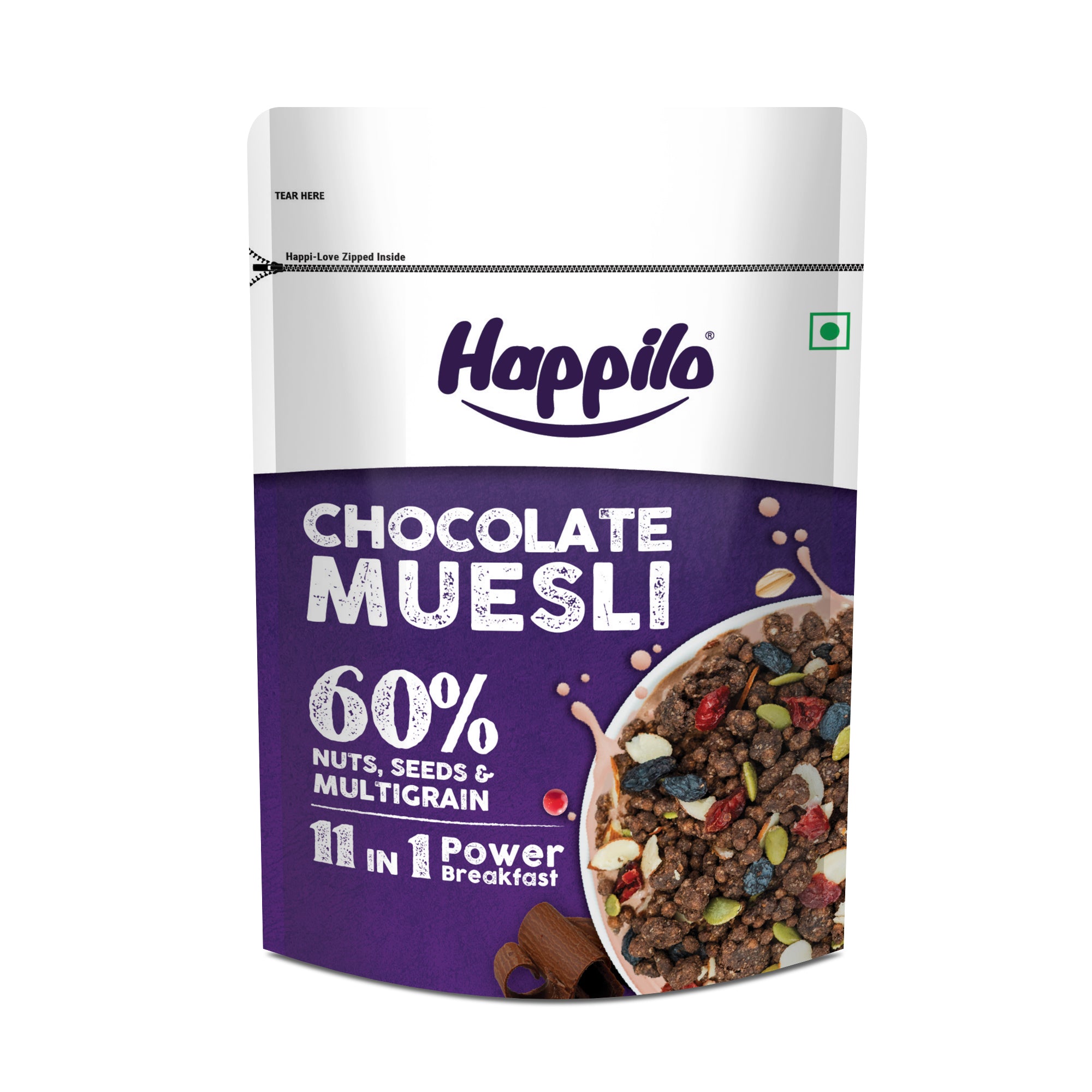 Happilo Chocolate Muesli 450g, 60% Nuts, Seeds and Multigrain, 11 in 1 Power Breakfast, High in Fiber, Protein