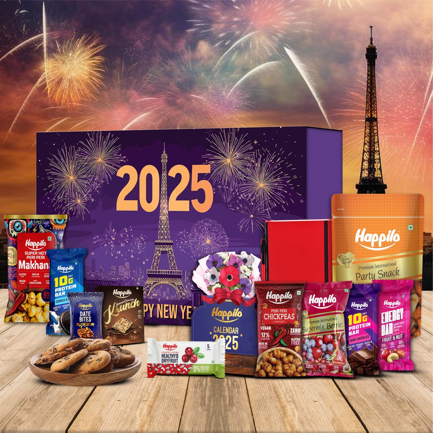 Happilo New Year Gift Box Paris 500g, Festive Treats & Snacks, Reed Diffuser, Calendar, Diary, Krunch, Party Snack, Berry Mix, Bars, Chickpeas, Date Bites, Makhana (Peri Peri)