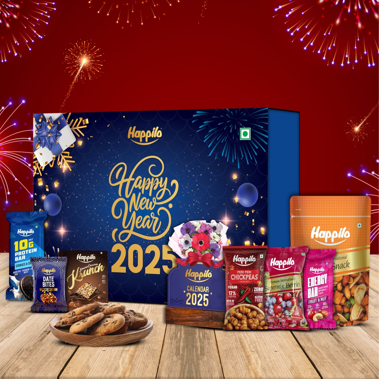 Happilo New Year Gift Box Tokyo 350g, Festive Treats & Snacks, Reed Diffuser, Calendar, Krunch, Party Snack, Berry Mix, Protein Bar, Energy Bar, Chickpeas, Date Bites