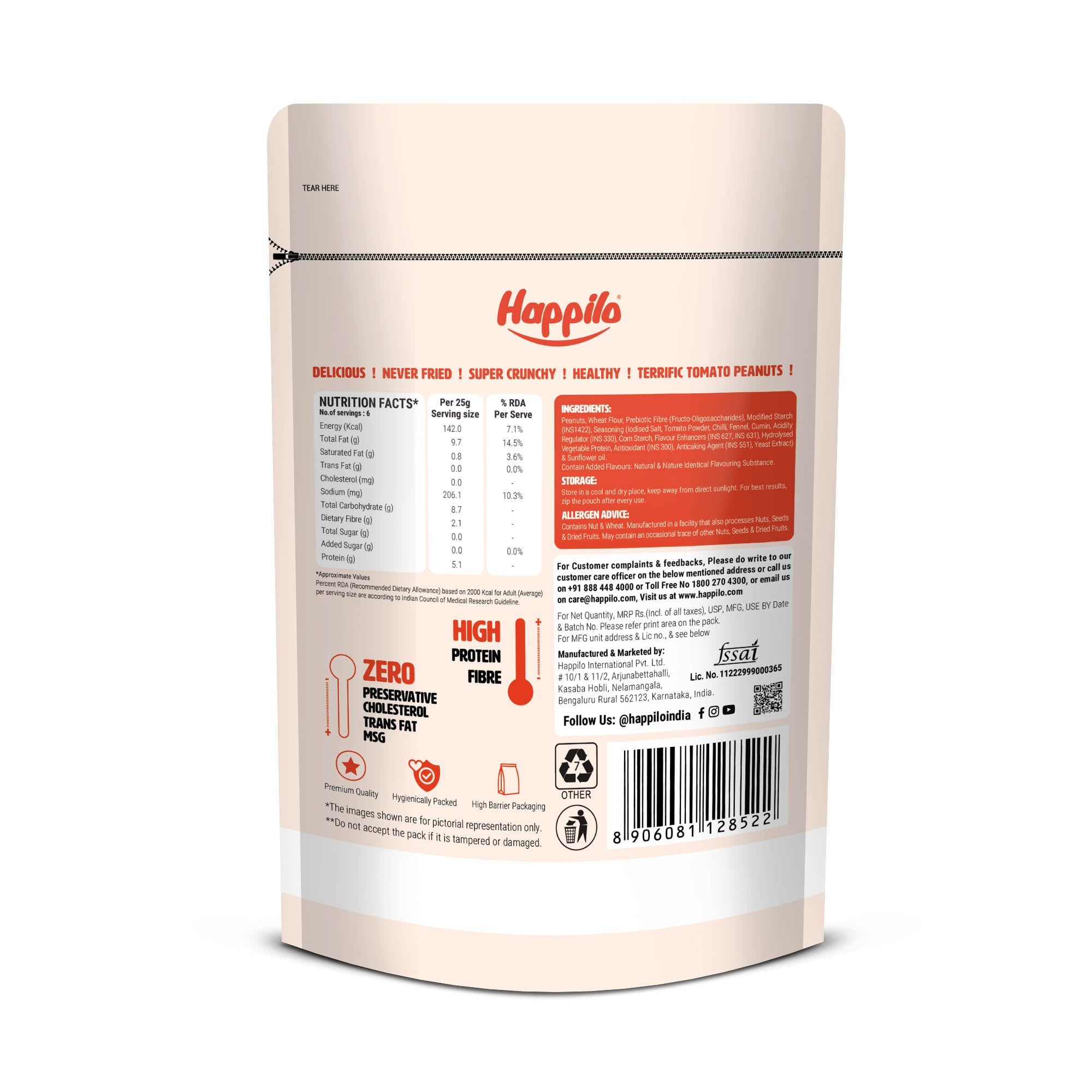 Happilo Premium Super Snack Terrific Tomato Peanut 150g, Crunchy and Nutty, High in Protein and Dietary Fibre