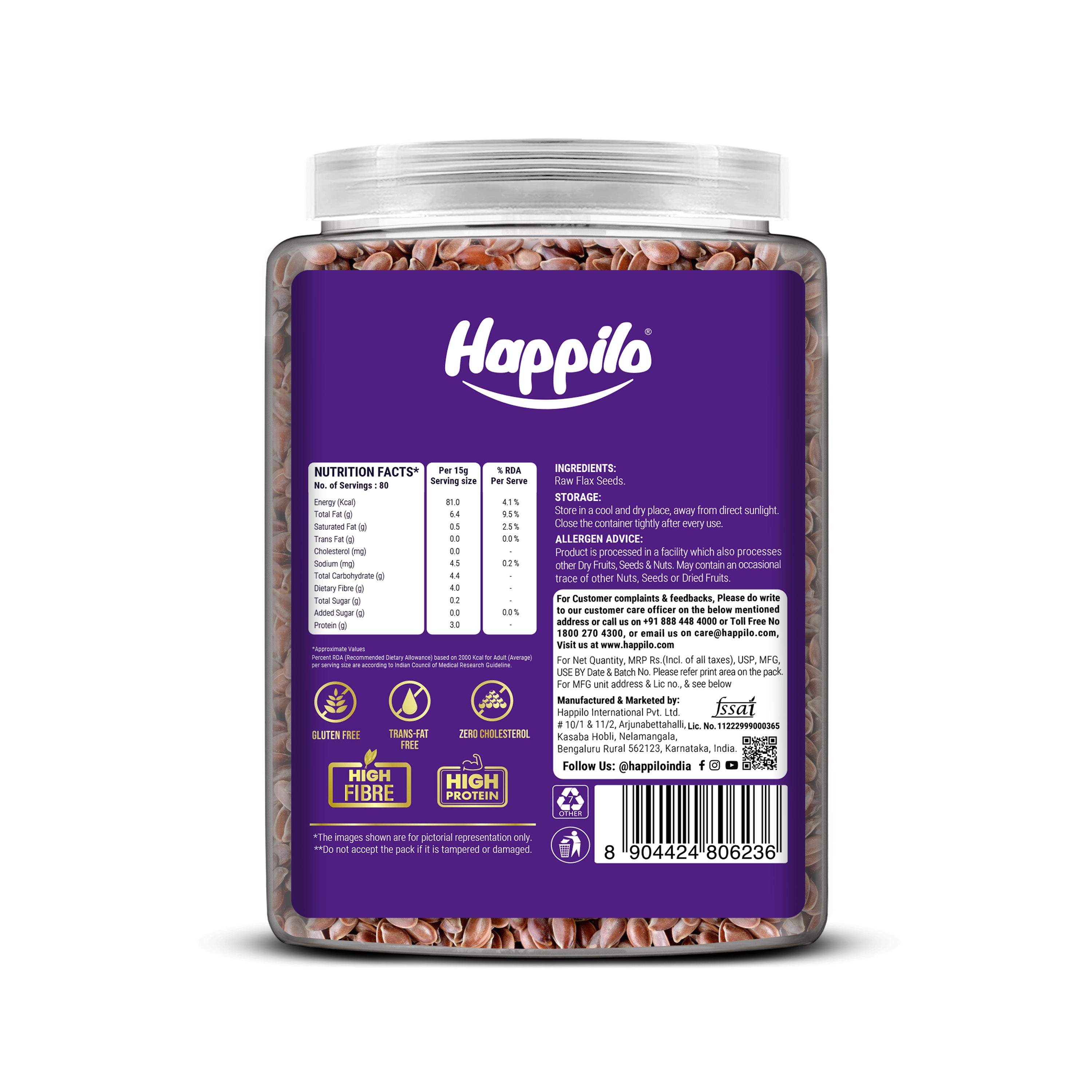 Happilo Premium Raw Authentic Flax Seeds Jar 1000g + 200g Free