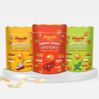 Happilo Peanut Power Combo Snack 150g each Chili Garlic Peanut, Thai Chili Peanut, Terrific Tomato Peanut