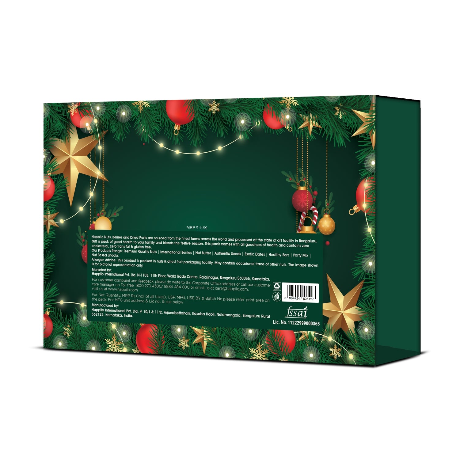 Happilo Christmas Gift Box Comet 350g, Festive Treats & Snacks, Tree, Stocking, Santa Hat, Candles, Party Snacks, Bar, Chickpeas, Date Bites, Hot Chocolate Mix