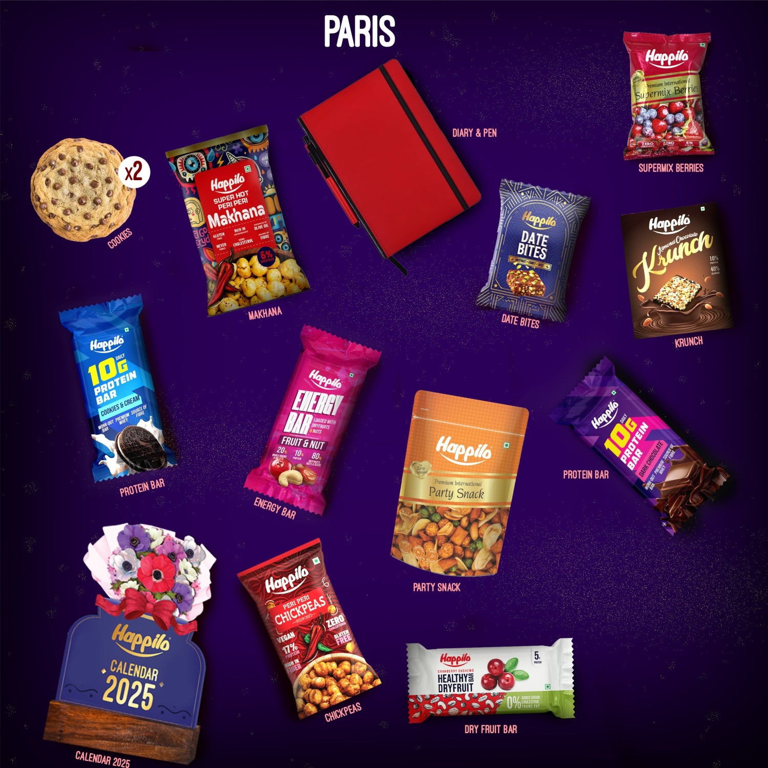 Happilo New Year Gift Box Paris 500g, Festive Treats & Snacks, Reed Diffuser, Calendar, Diary, Krunch, Party Snack, Berry Mix, Bars, Chickpeas, Date Bites, Makhana (Peri Peri)