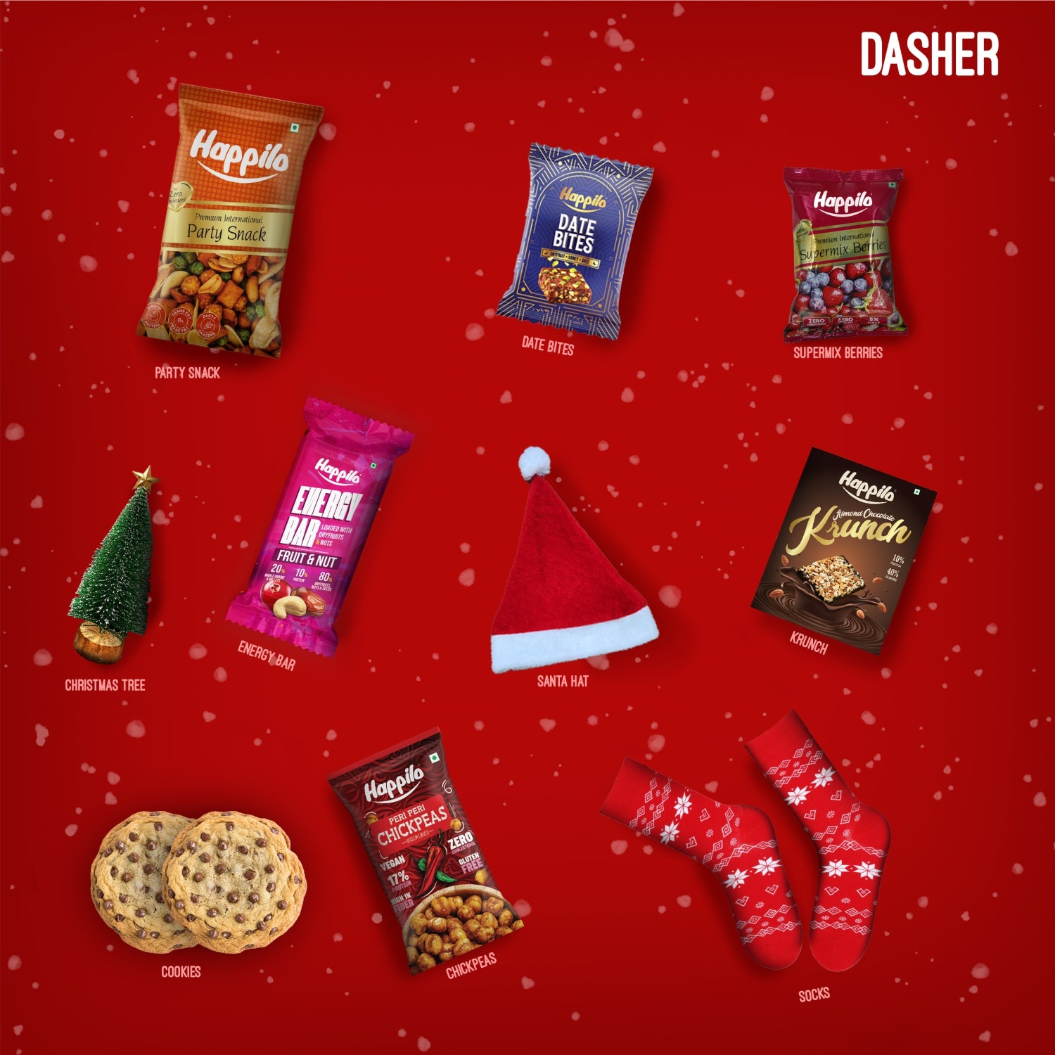 Happilo Dry Fruit Celebration Gift Box Dasher 200g, Christmas Festive Treats & Snacks, Santa Hat, Tree, 1 Pair of Socks, Krunch, Party Snack, Supermix Berries, Energy bar, Chickpeas, Date Bites