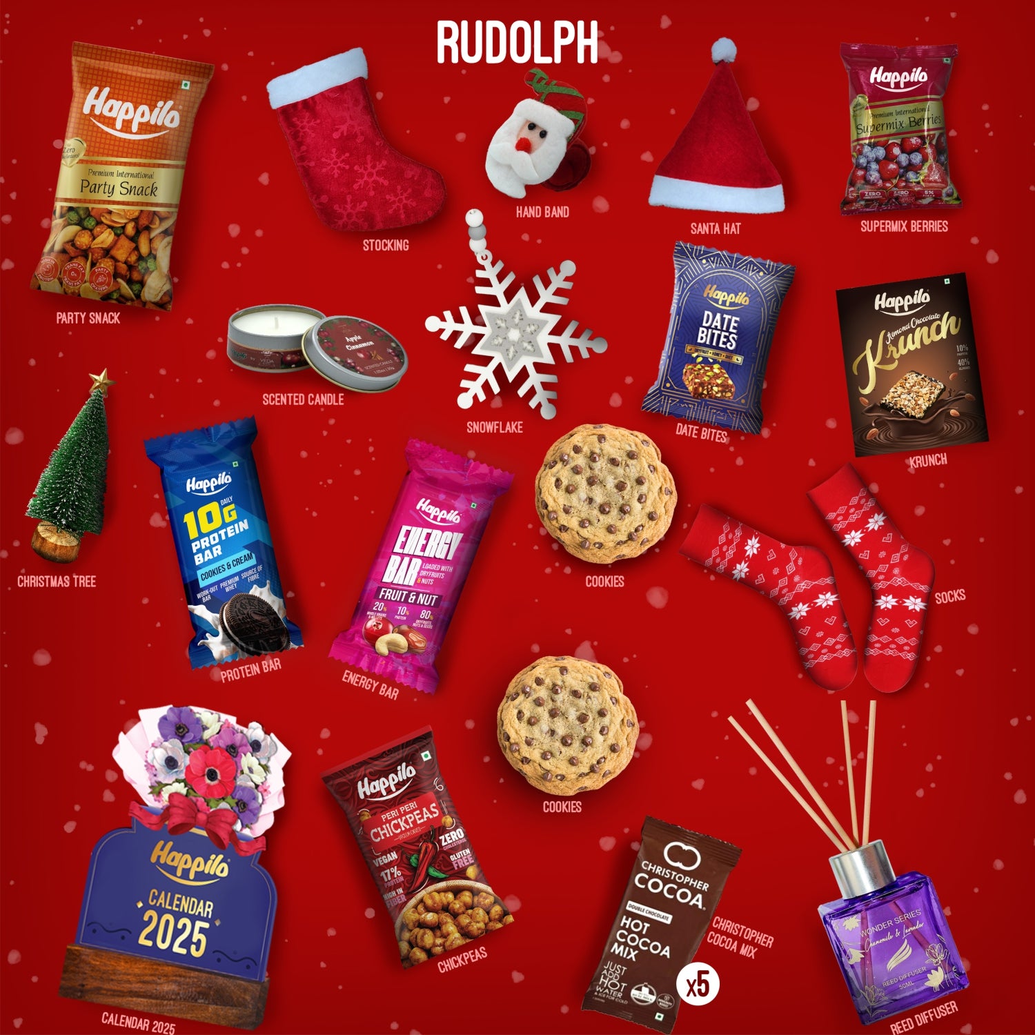 Happilo Christmas Gift Box Rudolph 500g, Festive Treats & Snacks, Santa Hat, Reed Diffuser, Calendar, Pair Of Socks, Stocking, Candles, Snowflake, Hand Band, Tree, Protein Bars, Cookies and Dry Fruits