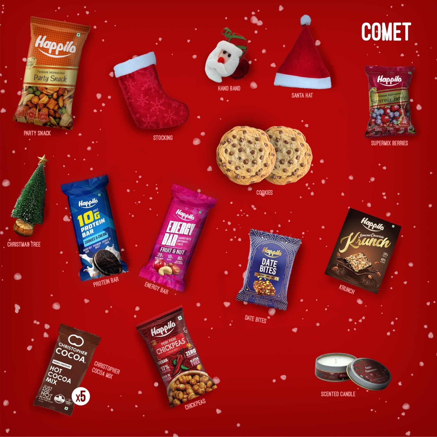 Happilo Christmas Gift Box Comet 350g, Festive Treats & Snacks, Tree, Stocking, Santa Hat, Candles, Party Snacks, Bar, Chickpeas, Date Bites, Hot Chocolate Mix