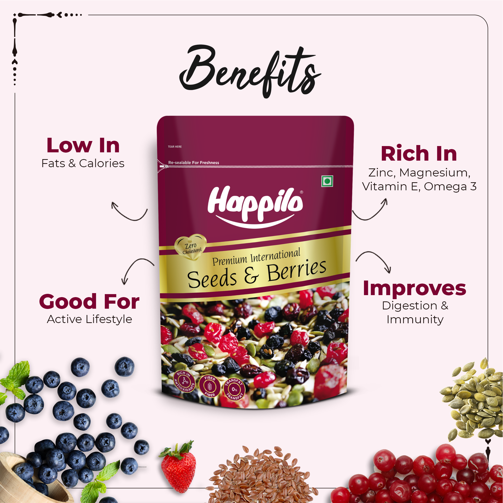 Happilo Sweet & Crunchy Premium Seeds & Berries Mix