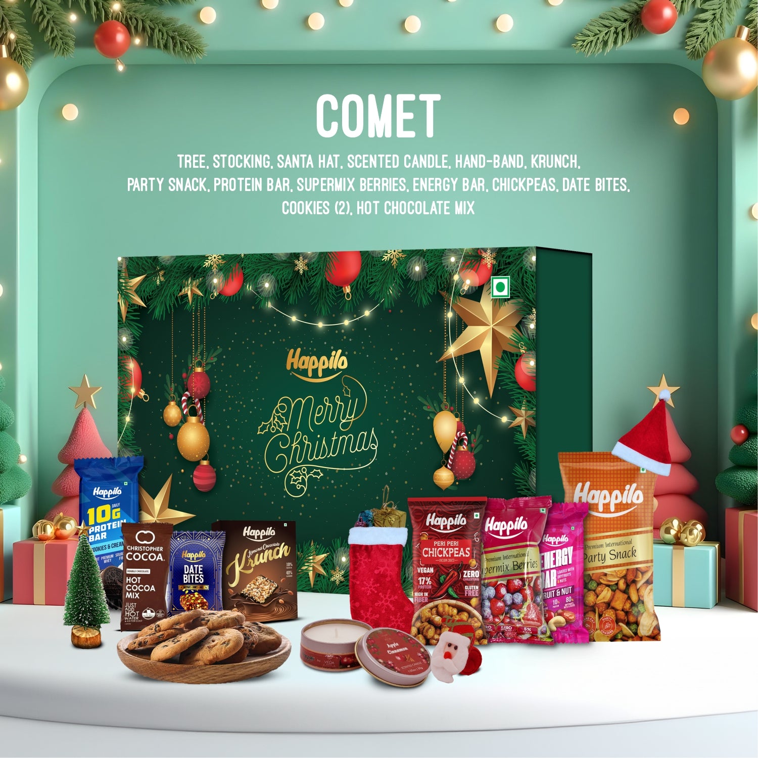 Happilo Christmas Gift Box Comet 350g, Festive Treats & Snacks, Tree, Stocking, Santa Hat, Candles, Party Snacks, Bar, Chickpeas, Date Bites, Hot Chocolate Mix