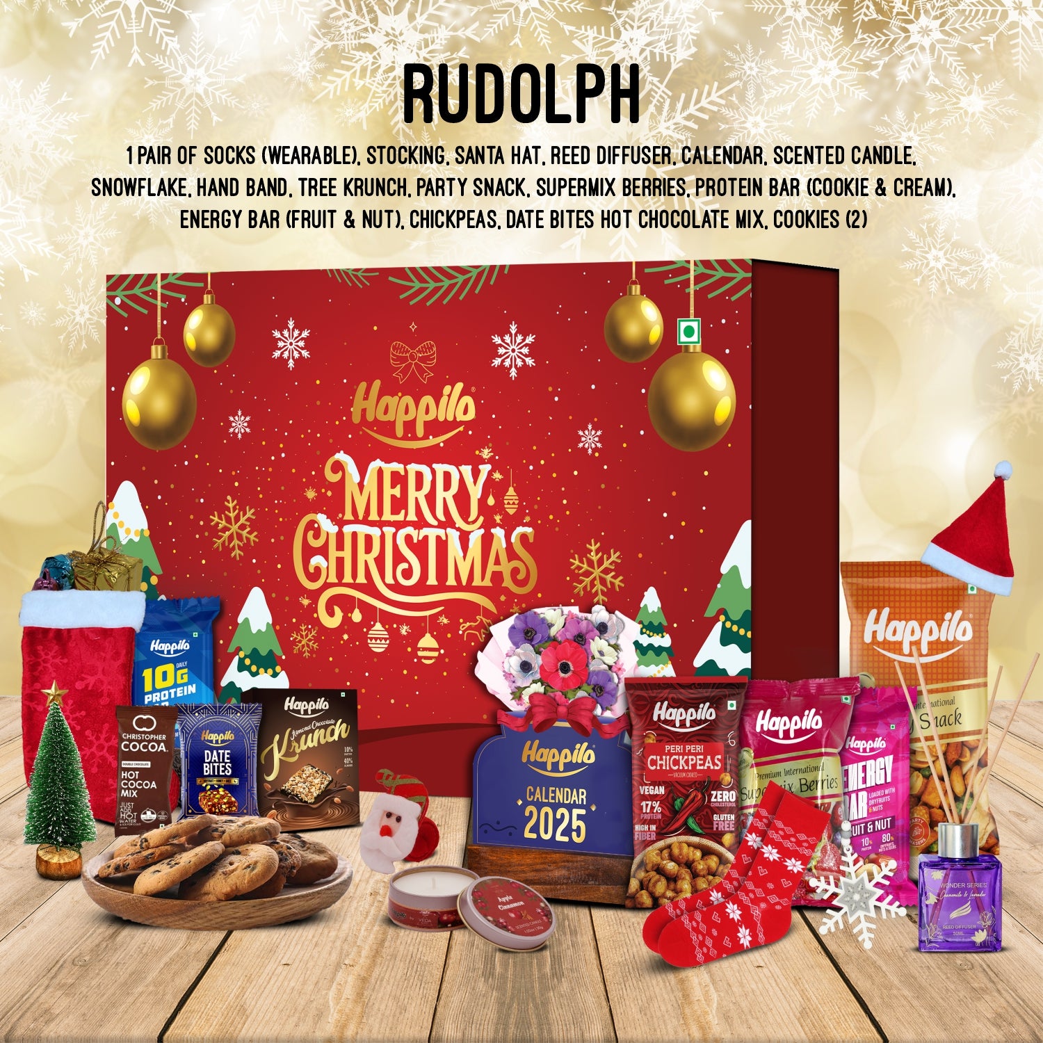 Happilo Christmas Gift Box Rudolph 500g, Festive Treats & Snacks, Santa Hat, Reed Diffuser, Calendar, Pair Of Socks, Stocking, Candles, Snowflake, Hand Band, Tree, Protein Bars, Cookies and Dry Fruits