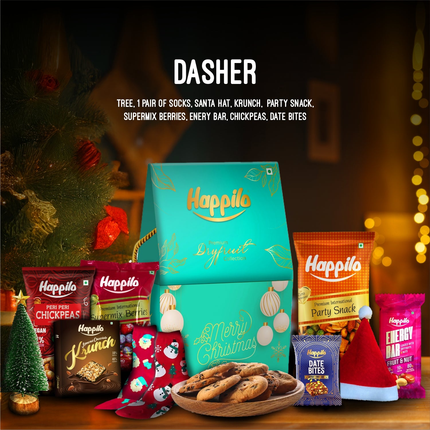 Happilo Dry Fruit Celebration Gift Box Dasher 200g, Christmas Festive Treats & Snacks, Santa Hat, Tree, 1 Pair of Socks, Krunch, Party Snack, Supermix Berries, Energy bar, Chickpeas, Date Bites