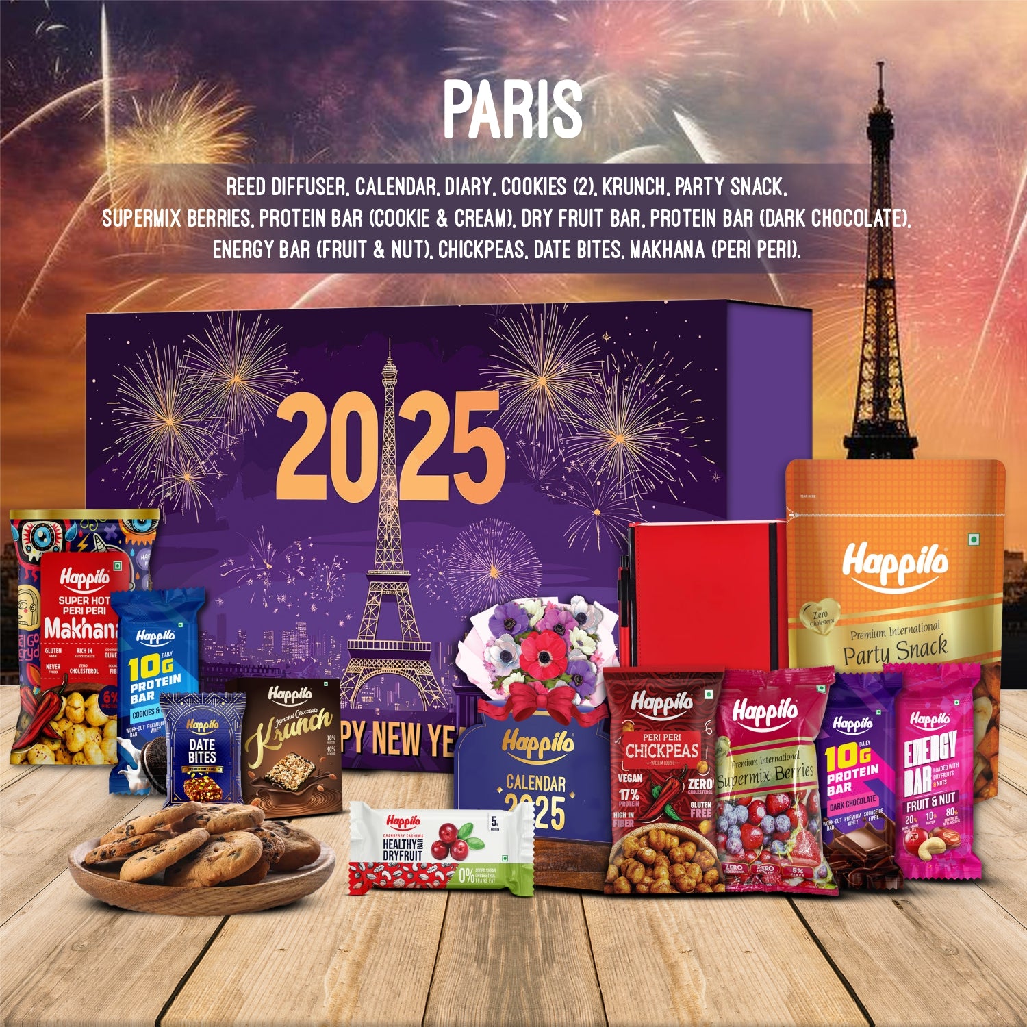 Happilo New Year Gift Box Paris 500g, Festive Treats & Snacks, Reed Diffuser, Calendar, Diary, Krunch, Party Snack, Berry Mix, Bars, Chickpeas, Date Bites, Makhana (Peri Peri)