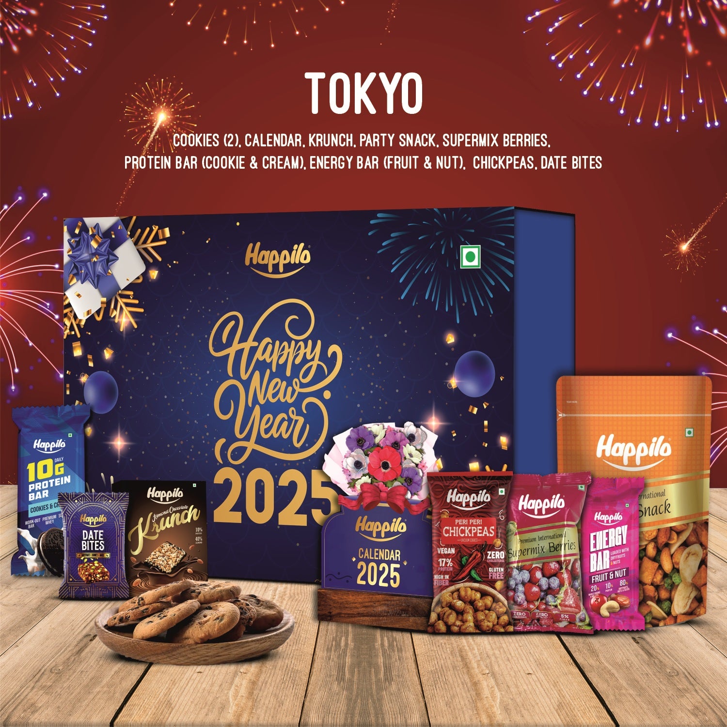 Happilo New Year Gift Box Tokyo 350g, Festive Treats & Snacks, Reed Diffuser, Calendar, Krunch, Party Snack, Berry Mix, Protein Bar, Energy Bar, Chickpeas, Date Bites