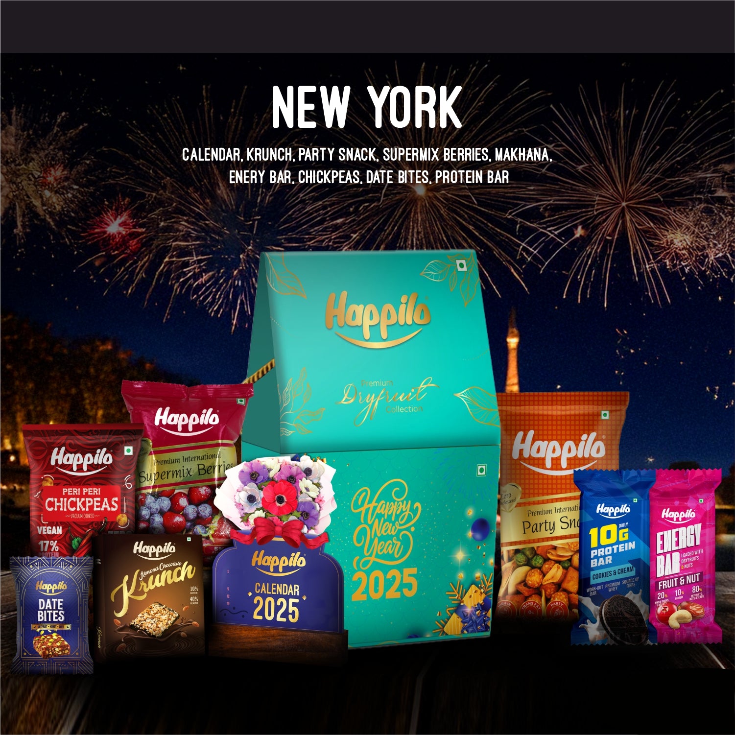 Happilo Dry Fruit Celebration Gift Box New York 200g, New Year Gift, Festive Treats & Snacks, Calendar, Krunch, Party Snack, Supermix Berries, Energy Bar, Chickpeas, Date Bites