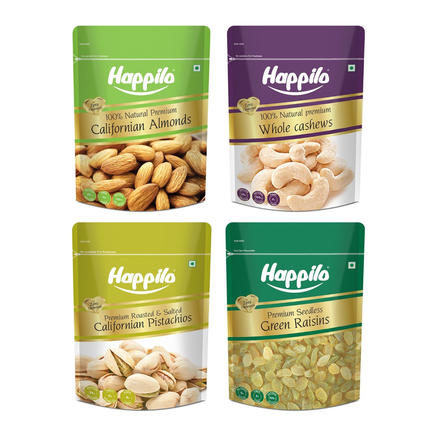 Happilo Premium Super Value Pack Combo 1800g (Almond 450g, Cashew 450g, Pista 450g & Raisins 450g)