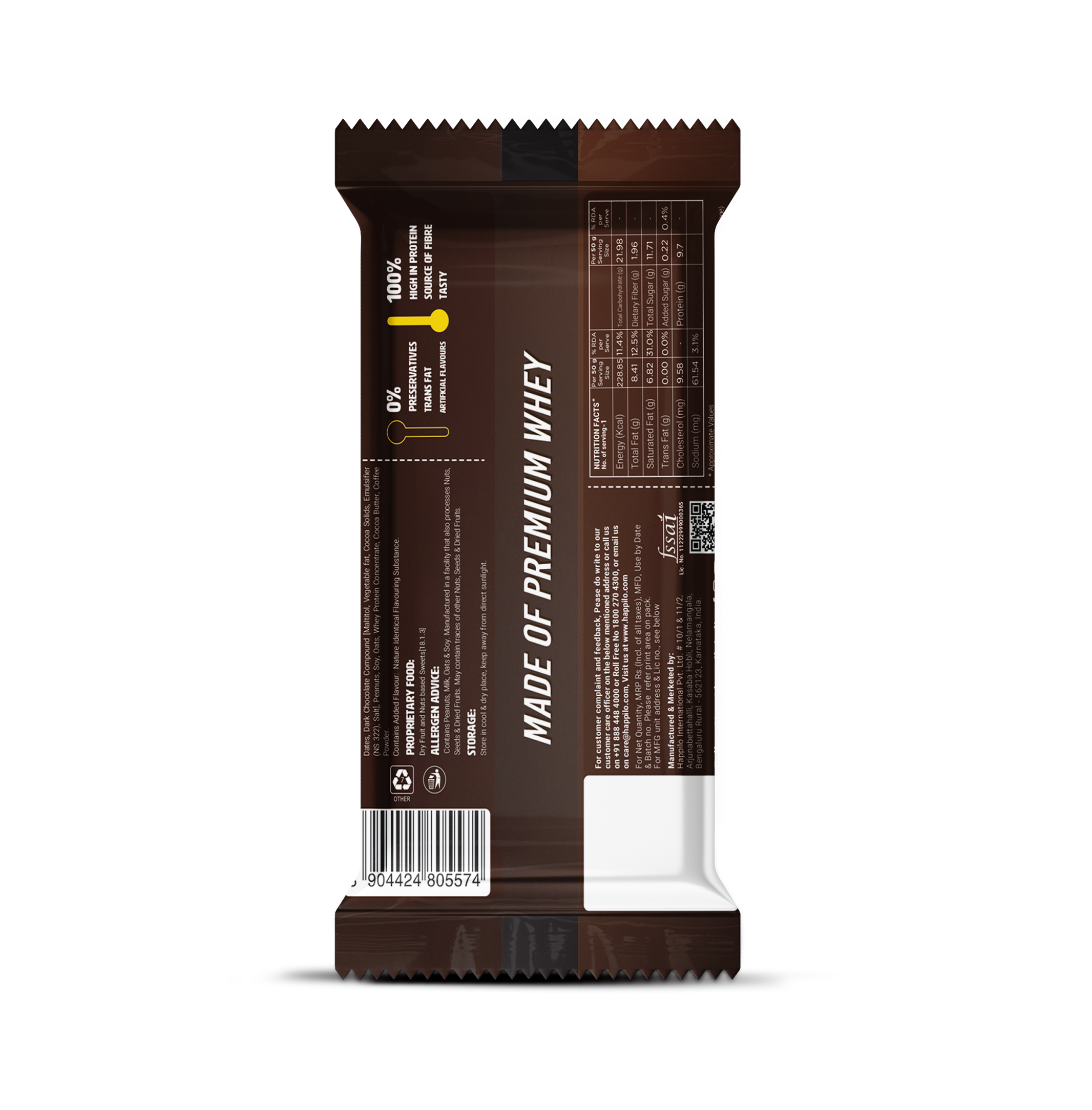 Happilo Premium Mocha Brownie Protein Bar, Protein 10g, Premium Whey, Source of Fiber, Work Out Bar