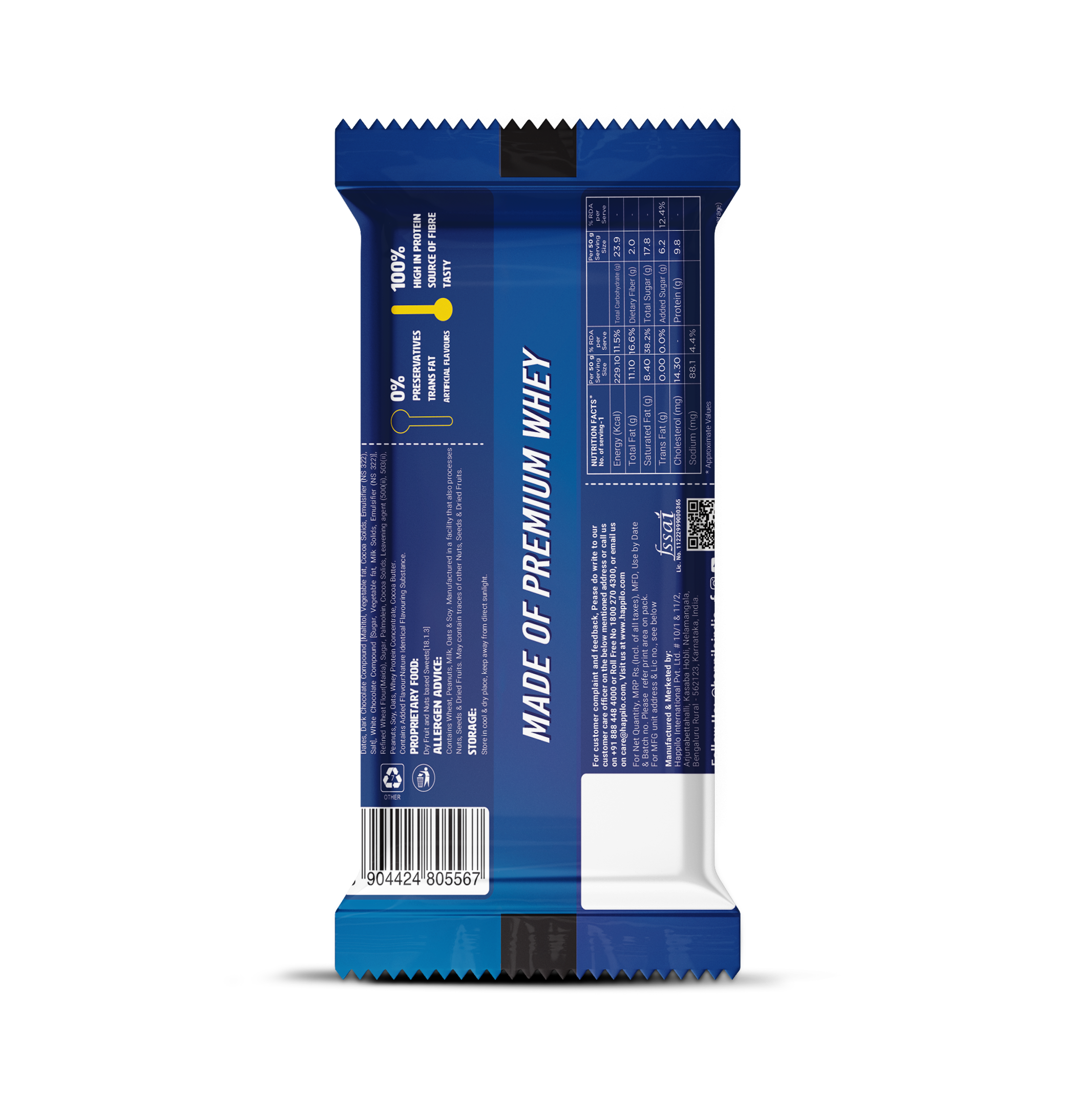 Happilo Premium Cookies & Cream Protein Bar, Protein 10g, Premium Whey, Source of Fiber, Work Out Bar