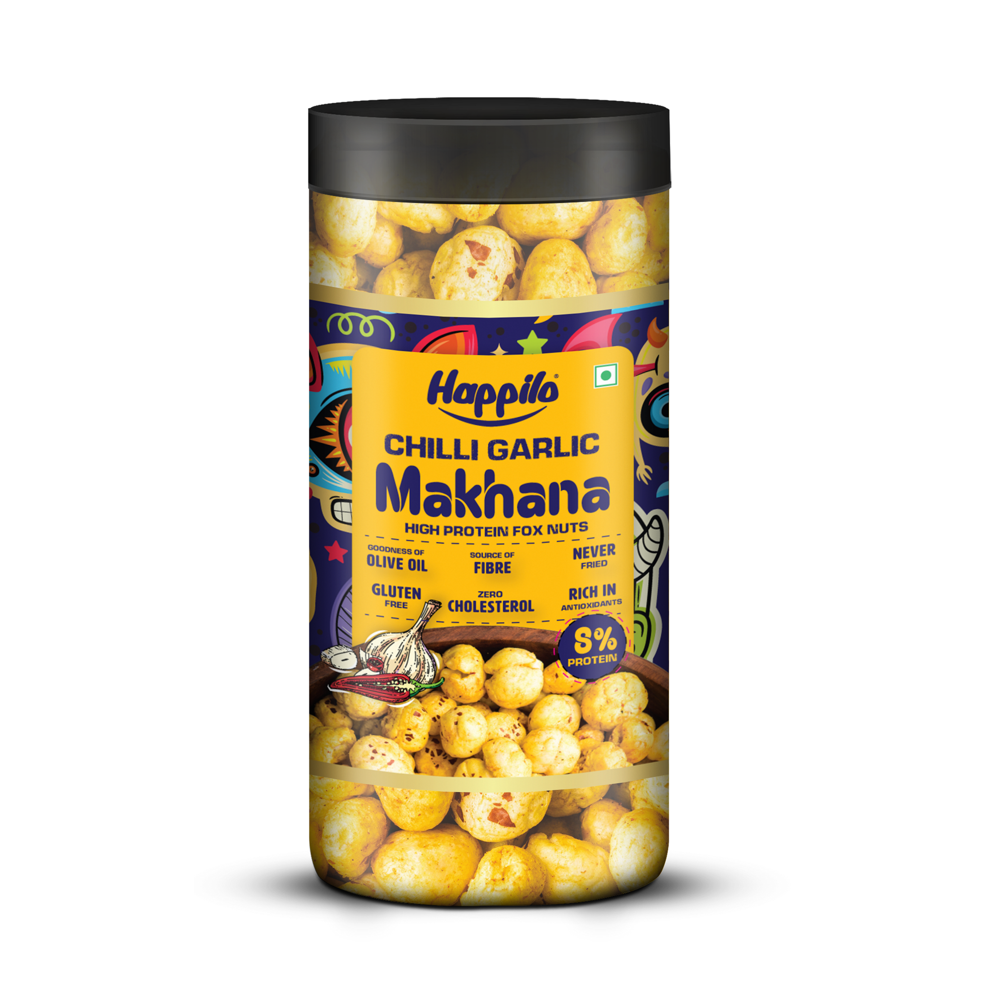 Happilo Makhana Chilli Garlic Jar 80g, Roasted Foxnut Healthy Snack Low Calorie Gluten Free and Vegan