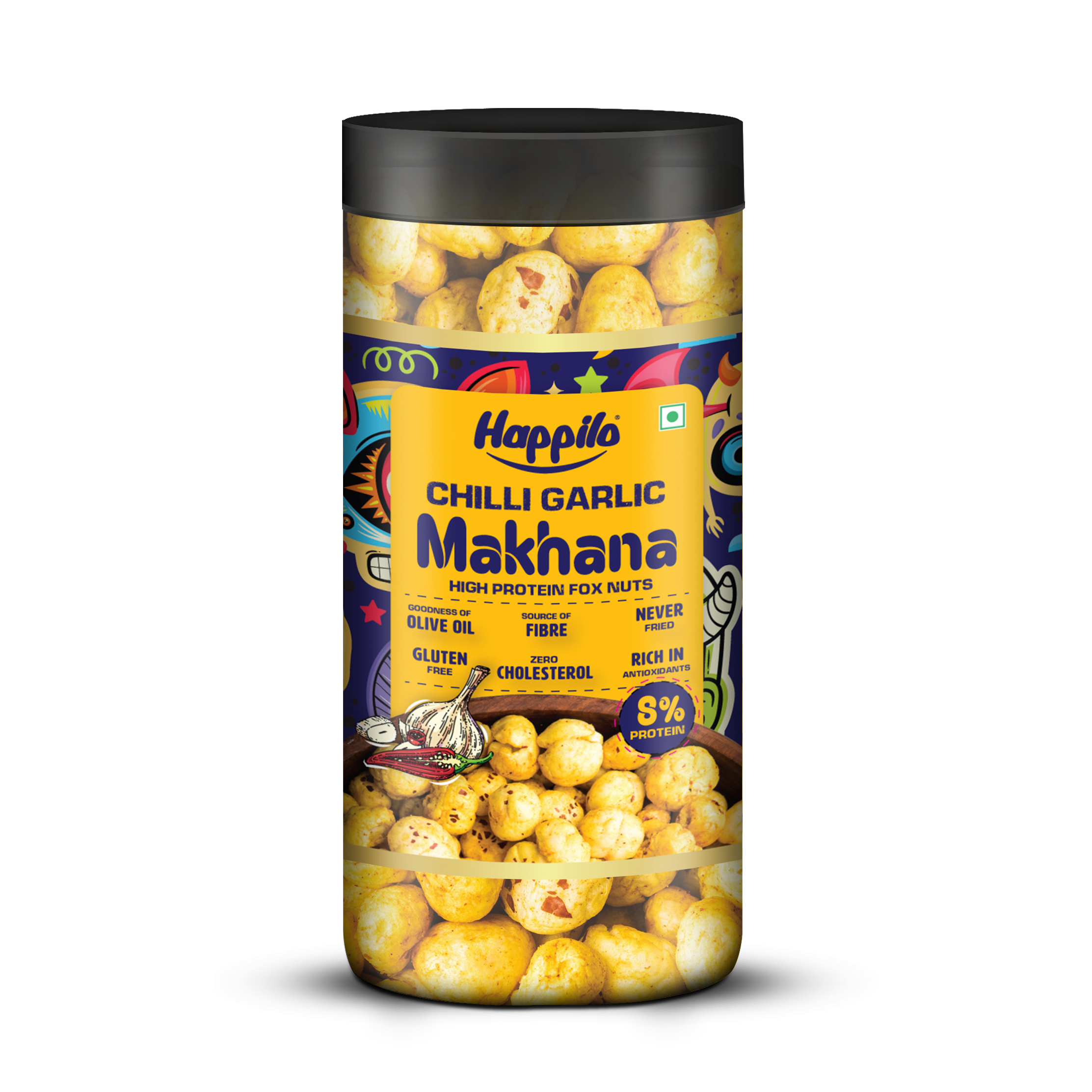 Happilo Makhana Chilli Garlic Jar 80g, Roasted Foxnut Healthy Snack Low Calorie Gluten Free and Vegan