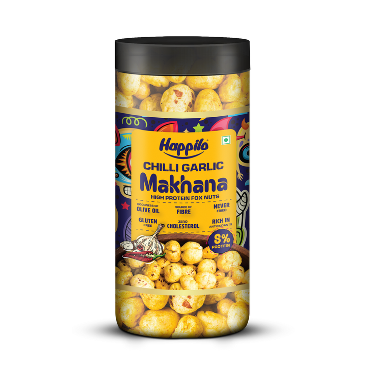 Happilo Makhana Chilli Garlic Jar 80g, Roasted Foxnut Healthy Snack Low Calorie Gluten Free and Vegan