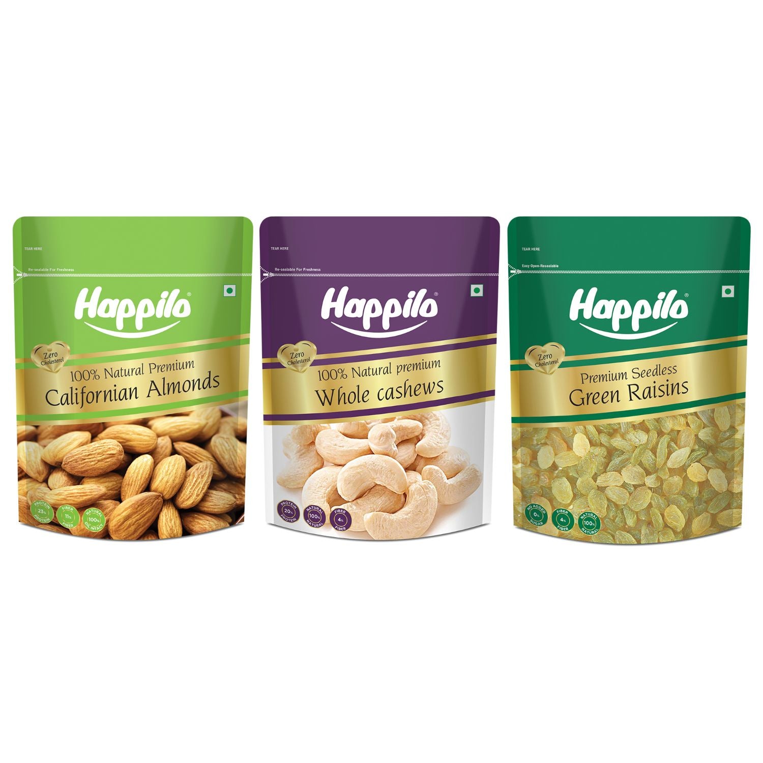 Happilo Premium Super Value Pack Combo 1350g (Almond 450g, Cashew 450g & Raisins 450g)